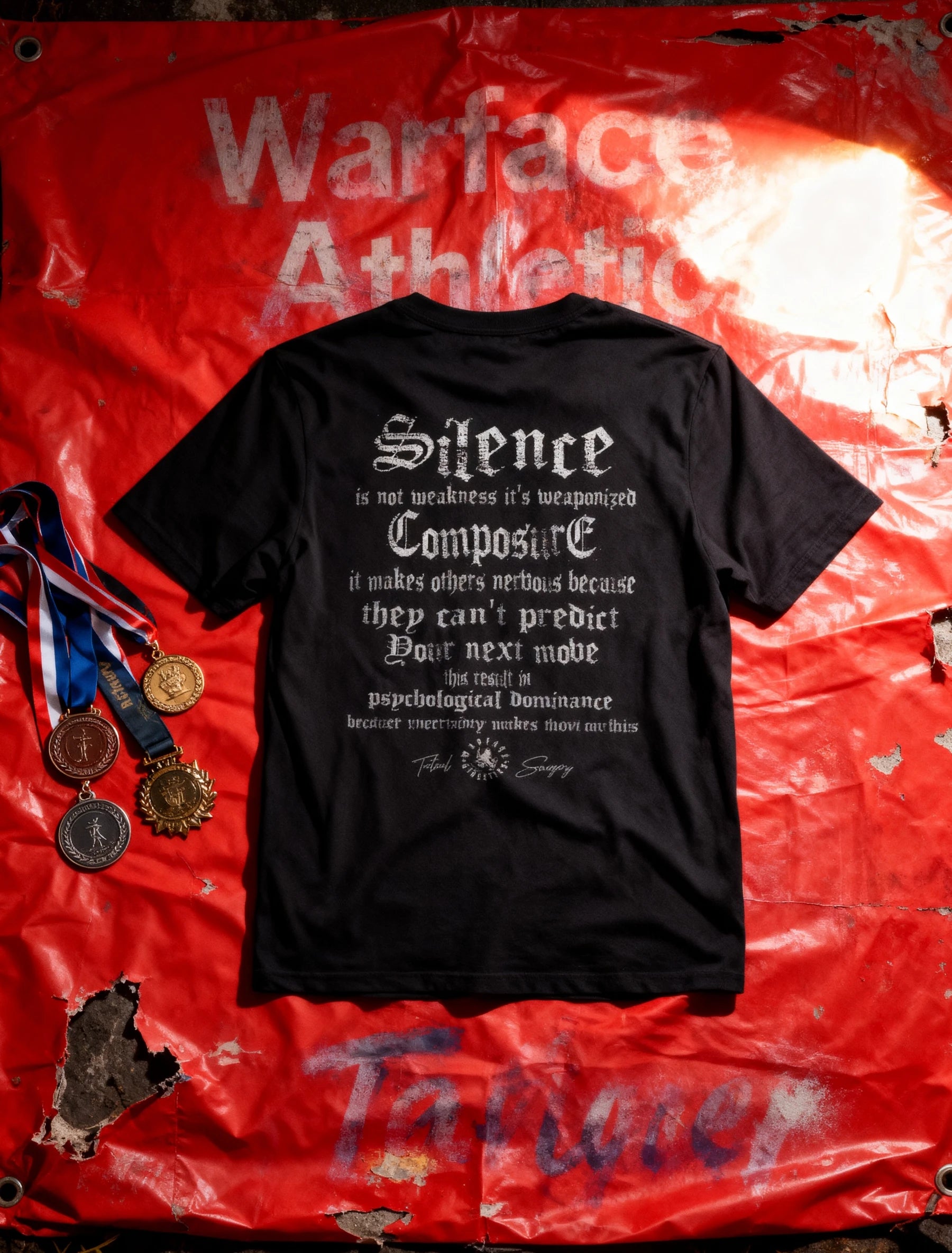 Silence Composure Tee Back Lifestyle — Men's Stoic Quote Gym Shirt with White Gothic Text in Urban Setting by Warface Athletics