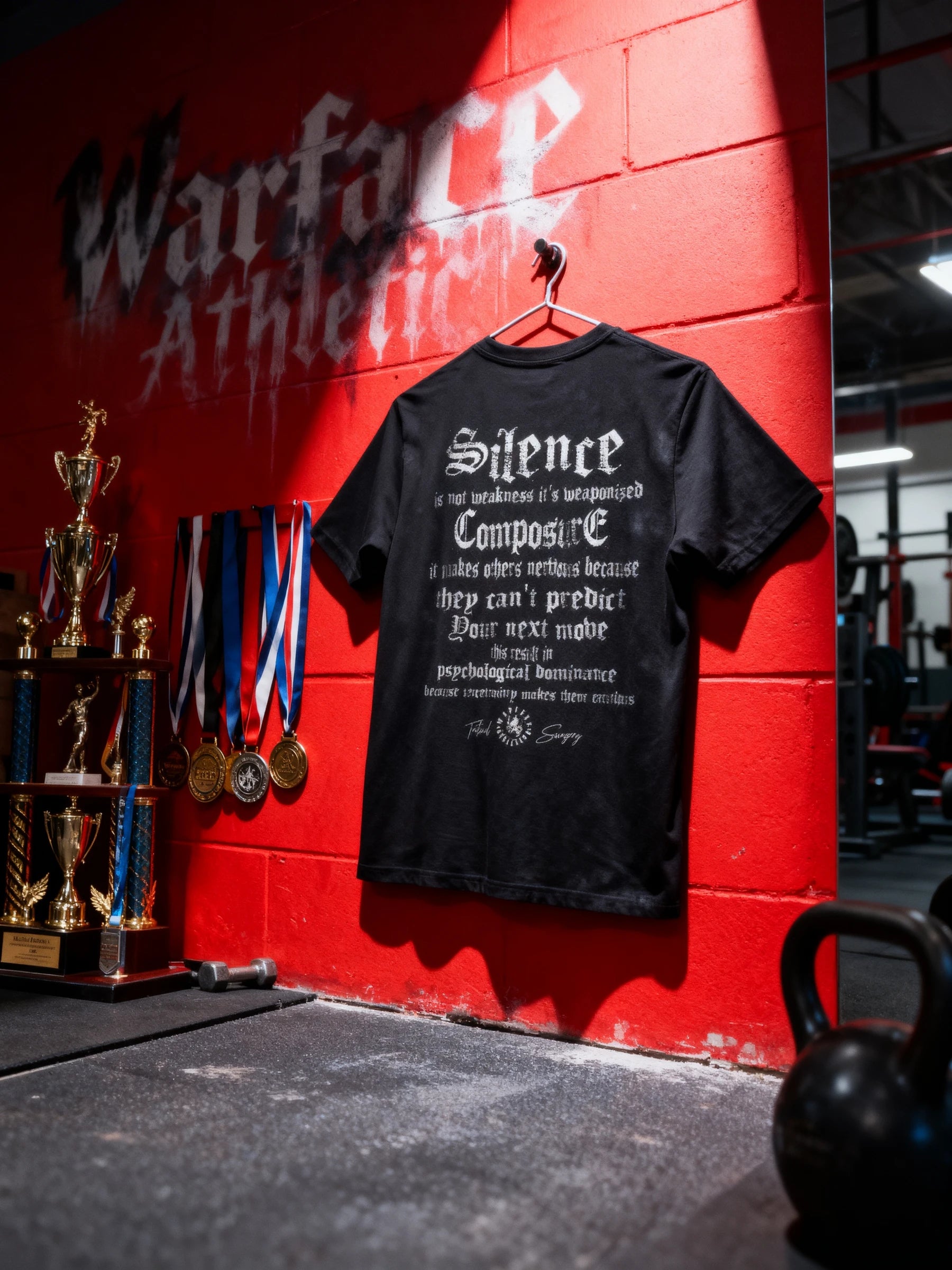 Silence Composure Tee Display — Men's Stoic Quote Gym Shirt with White Gothic Back Print on Red Background by Warface Athletics