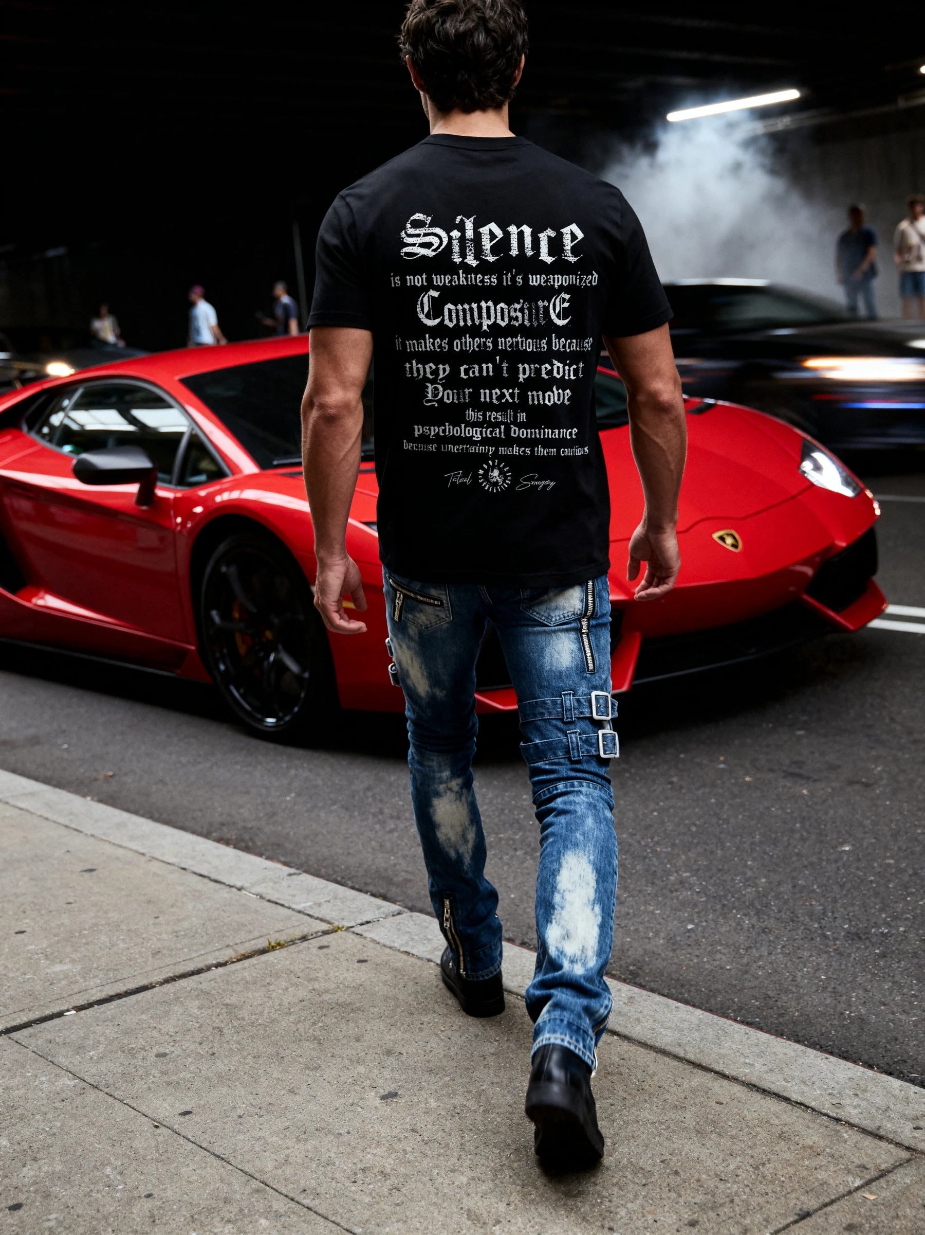 Silence Composure Tee Lifestyle — Men's Stoic Warrior Shirt with White Gothic Back Print by Red Car by Warface Athletics