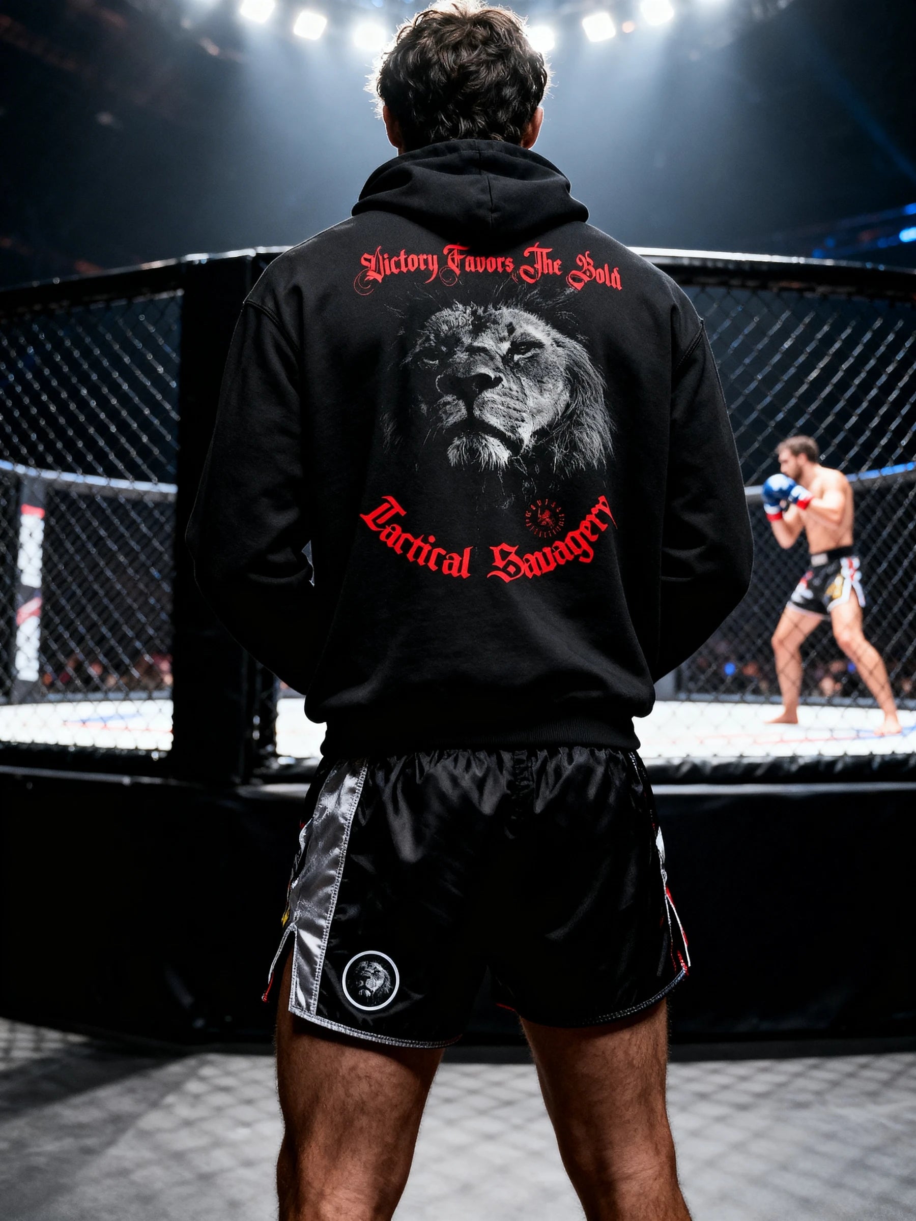 Men's Victory Favors The Bold gym hoodie – Muay Thai fighter in lion graphic hoodie in MMA arena. Warface Athletics.