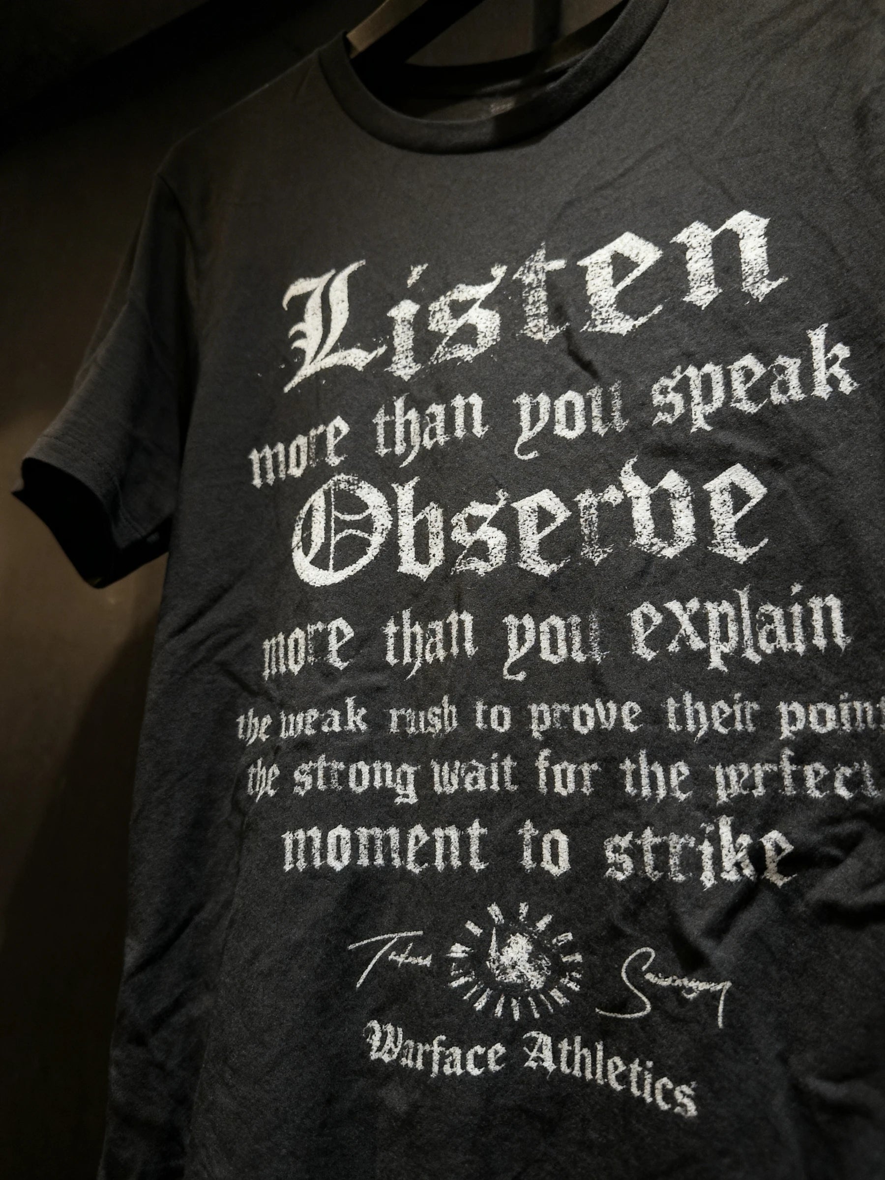 Listen Observe Tee Close-Up — Men's Stoic Quote T-Shirt with Bold Listen Observe Gothic Text by Warface Athletics