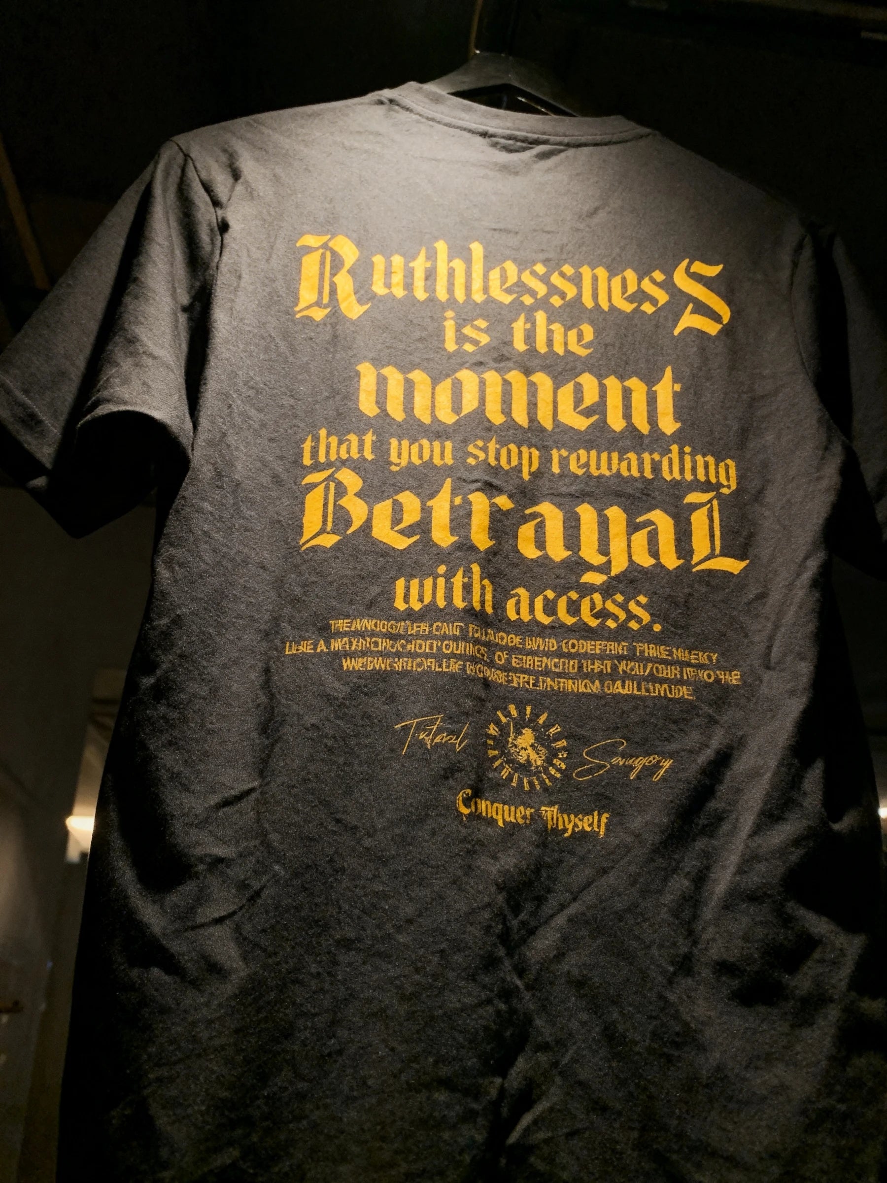 Ruthless Graphic Tee Back Detail — Men's Stoic Philosophy Shirt with Warrior Mindset Text by Warface Athletics