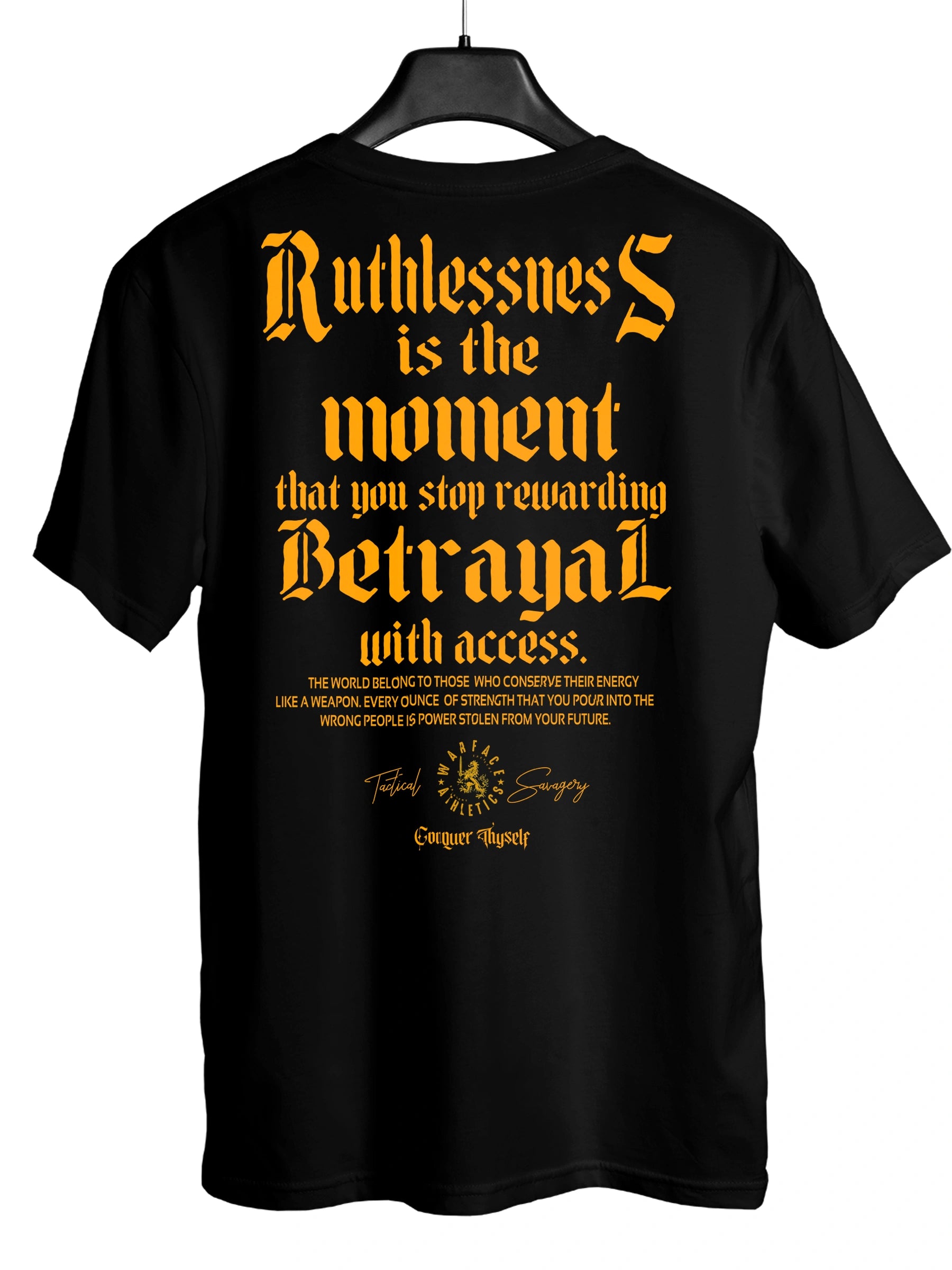 Ruthless Warrior T-Shirt Display — Men's Athletic Apparel with Stoic Motivational Quote by Warface Athletics