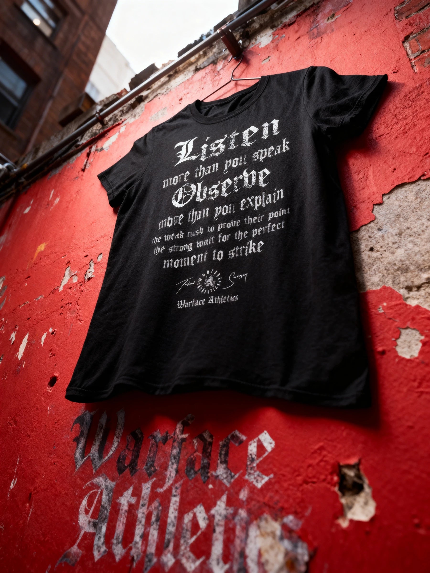 Listen Observe Tee Display — Men's Stoic Quote Gym Shirt on Red Background by Warface Athletics