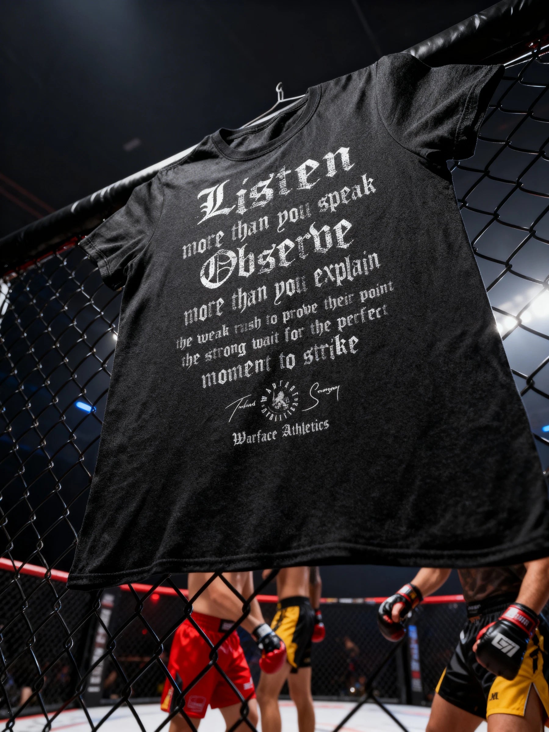Listen Observe Tee Lifestyle — Men's Stoic Quote Gym Shirt in Gym Setting by Warface Athletics