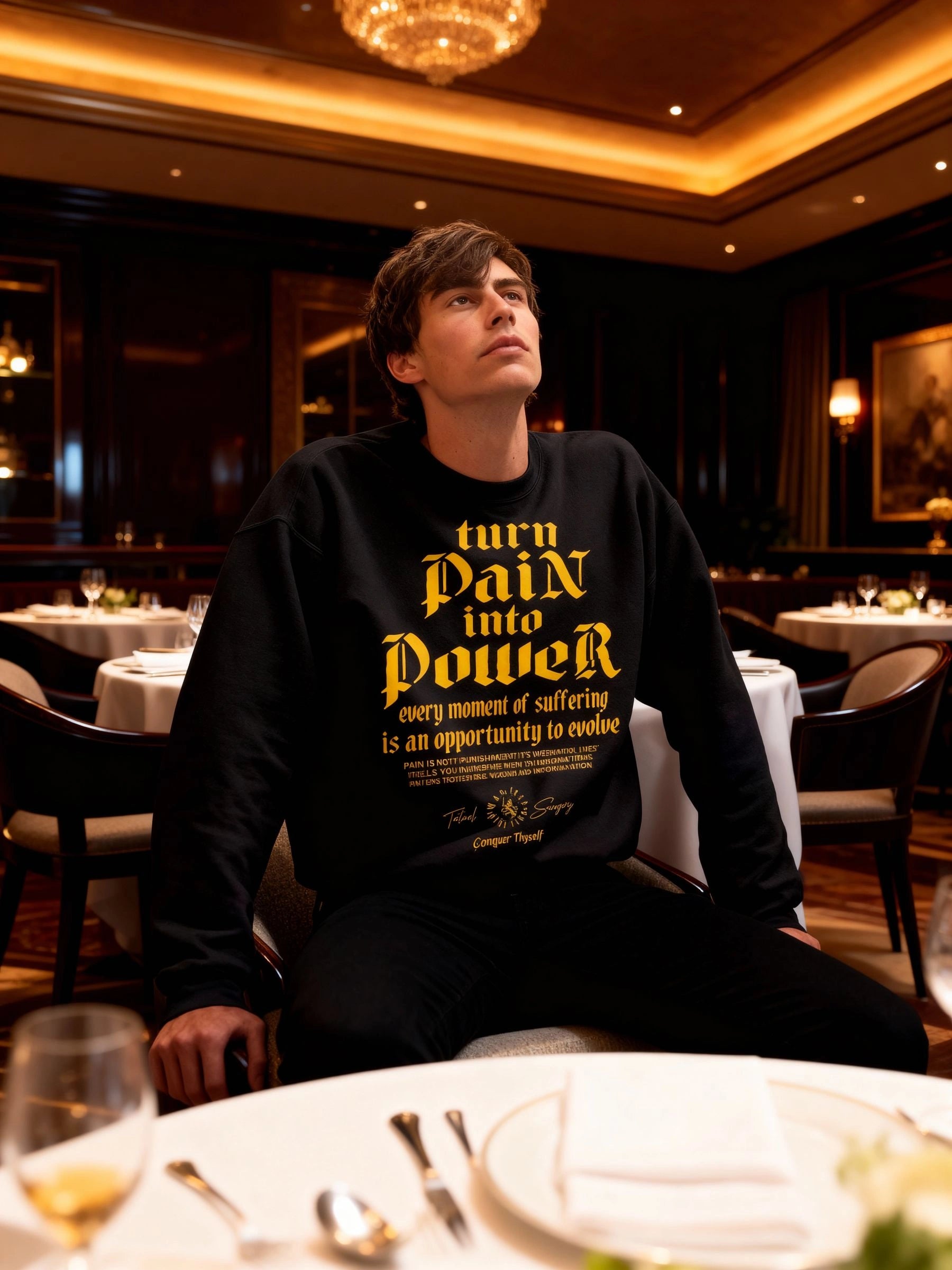 Men's Turn Pain Into Power pump cover sweatshirt – model in stoic typography crewneck in restaurant setting. Warface Athletics.