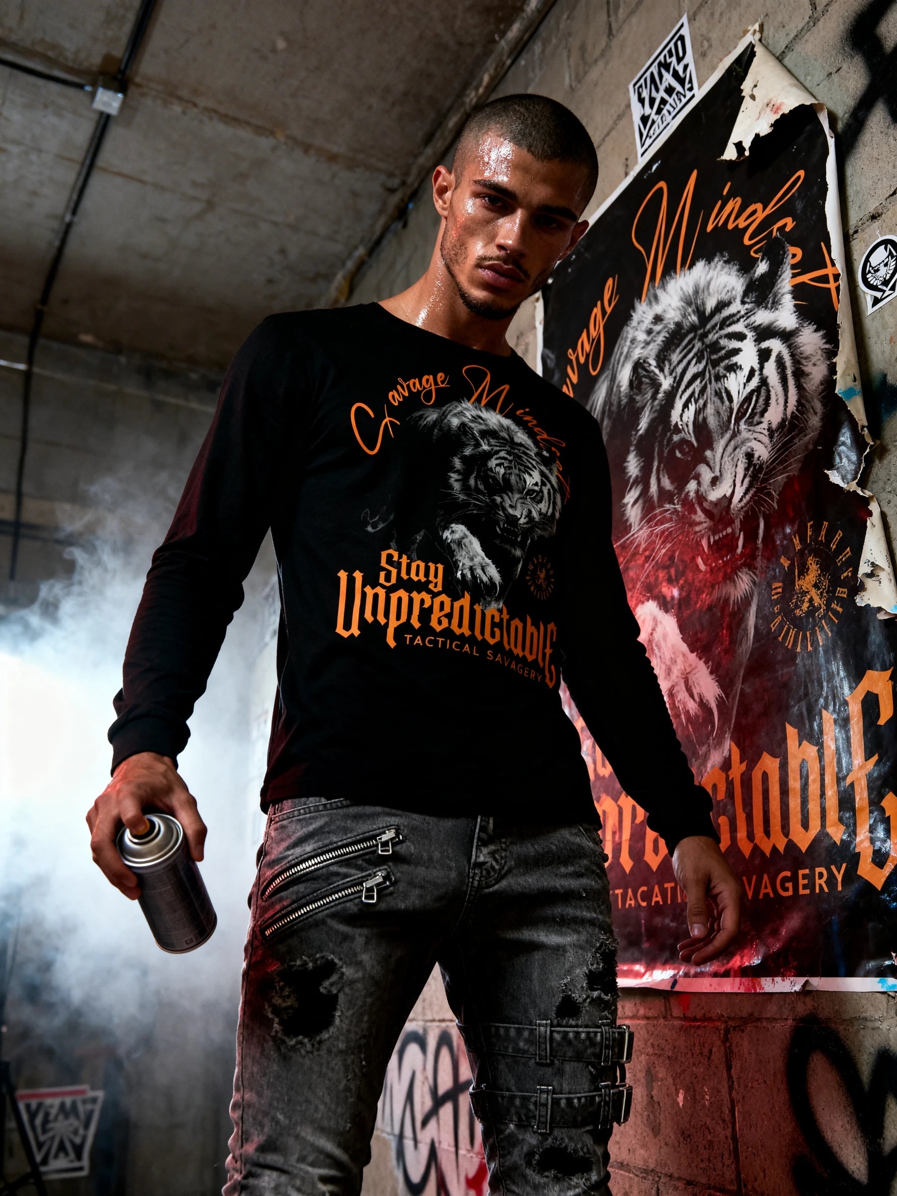 Stay Unpredictable Long Sleeve Lifestyle — Men's Athletic Long Sleeve with Tiger Motivational Quote by Warface Athletics