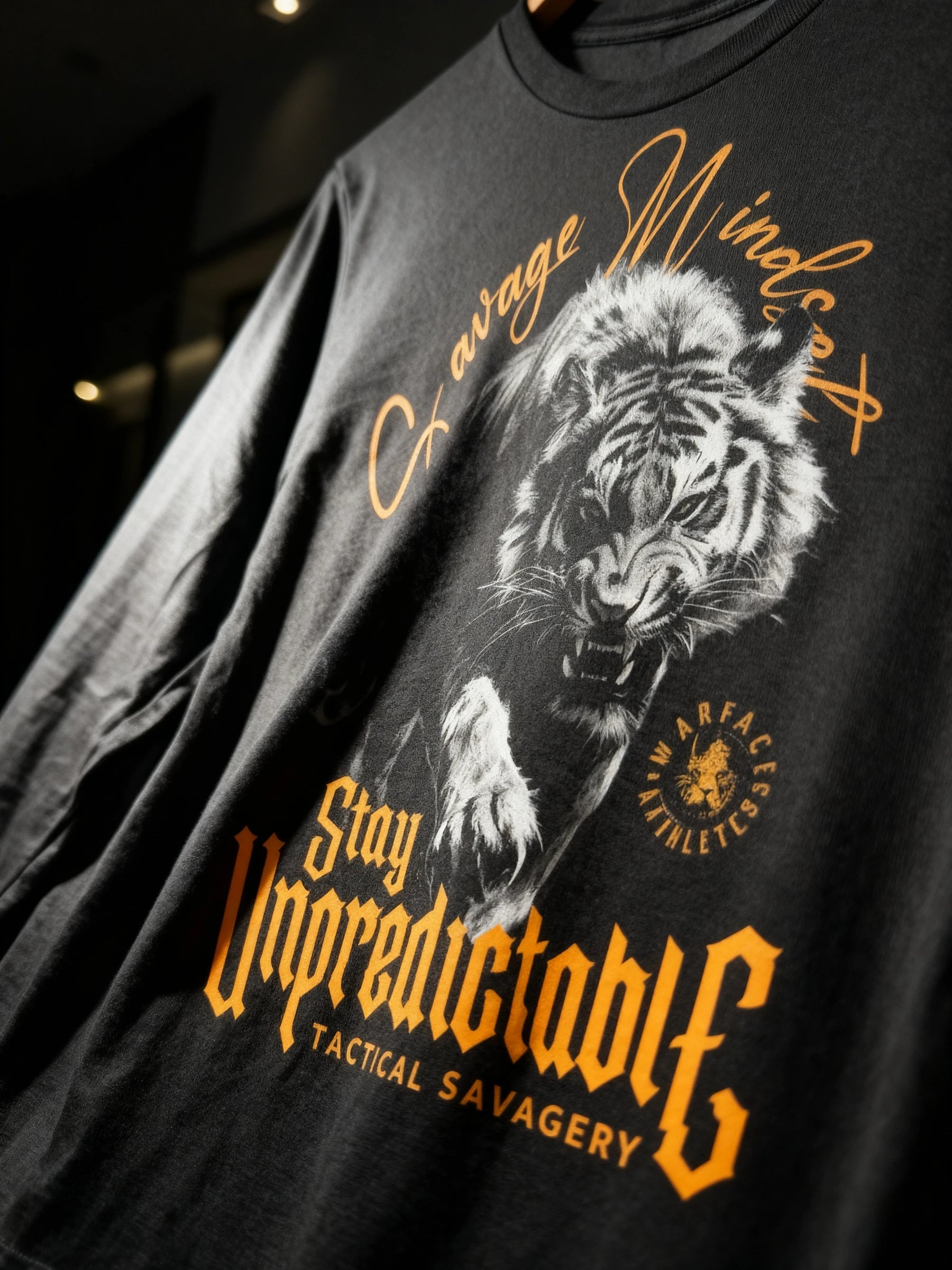 Stay Unpredictable Long Sleeve Back View — Men's Stoic Quote Shirt with Tiger Warrior Print by Warface Athletics