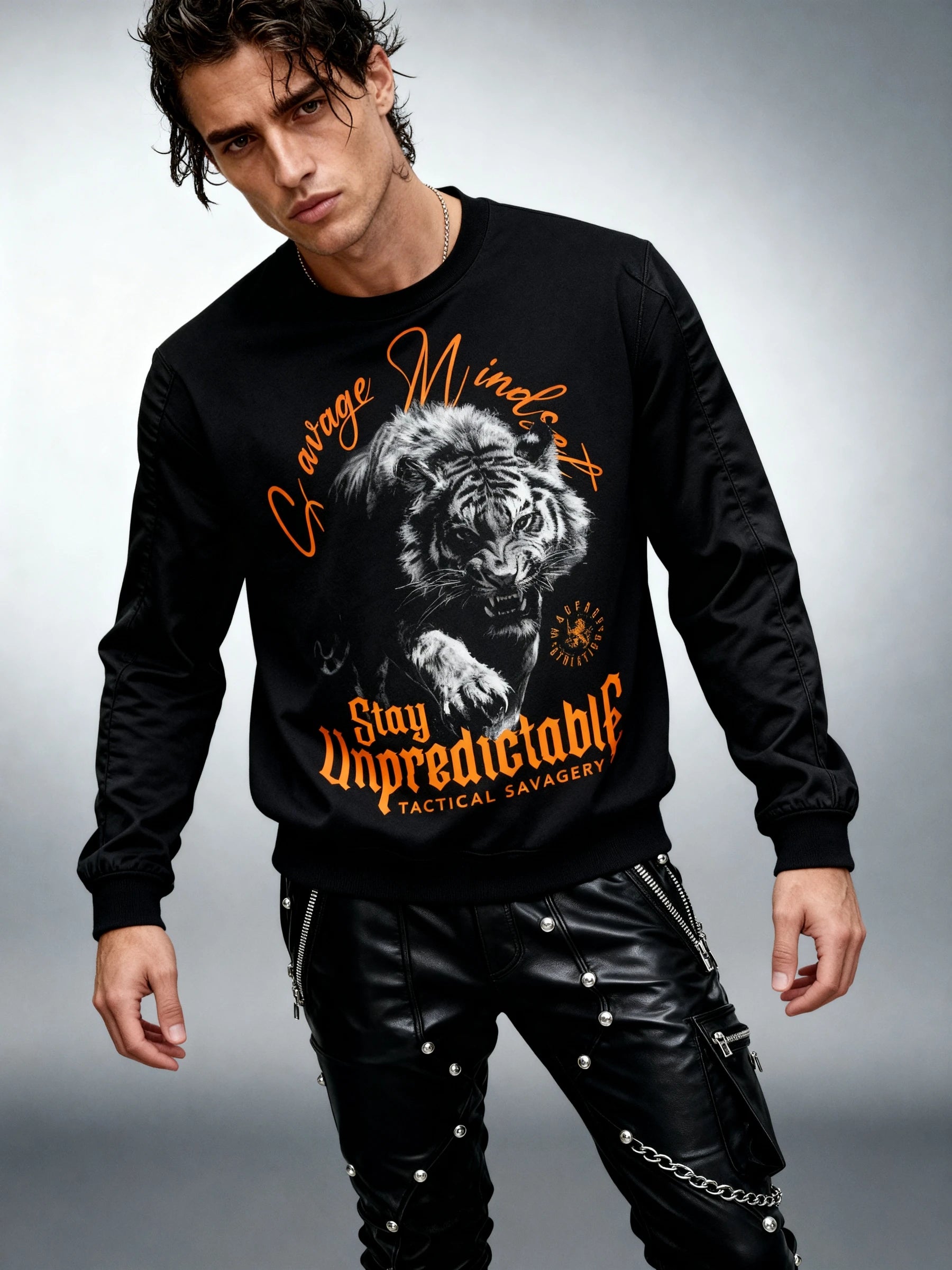 Stay Unpredictable Long Sleeve Lifestyle Shot — Men's Warrior Mindset Shirt with Tiger Graphic by Warface Athletics