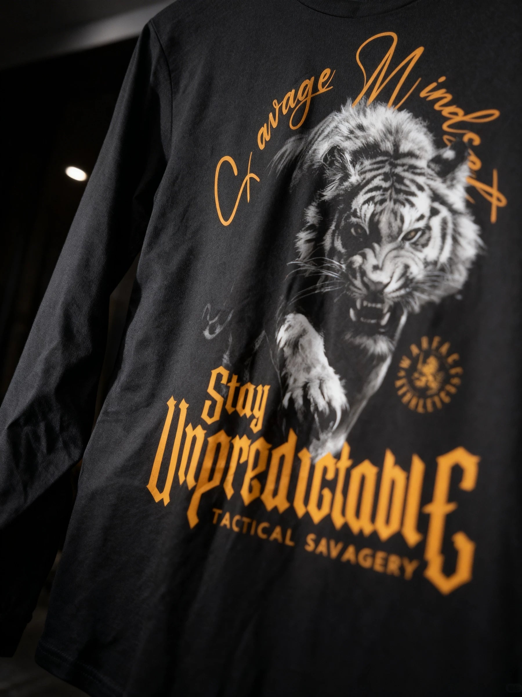 Stay Unpredictable Long Sleeve Close-Up — Men's T-Shirt with Graphics and Tiger Stoic Motivational Quote by Warface Athletics