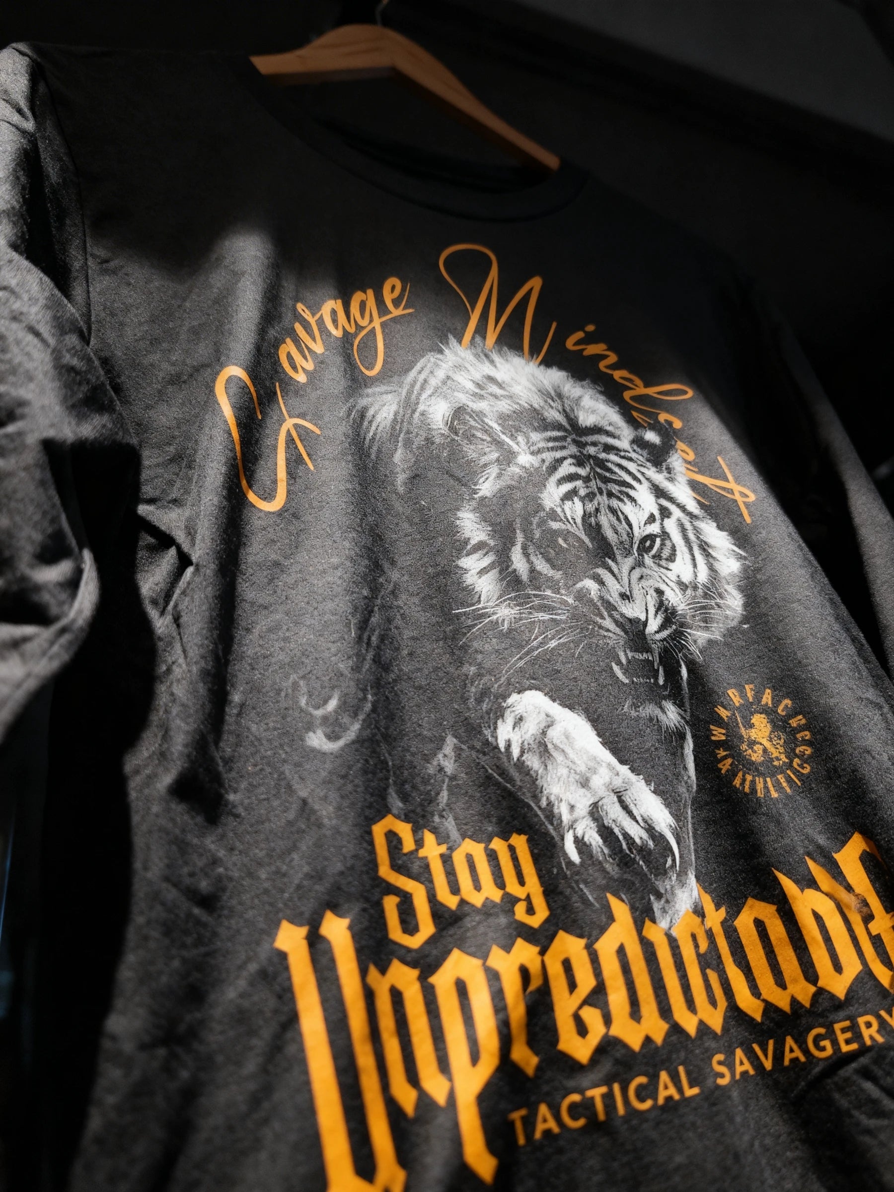 Stay Unpredictable Long Sleeve Display — Men's Stoic Warrior Shirt with Tiger Graphic and Tactical Savagery Quote by Warface Athletics