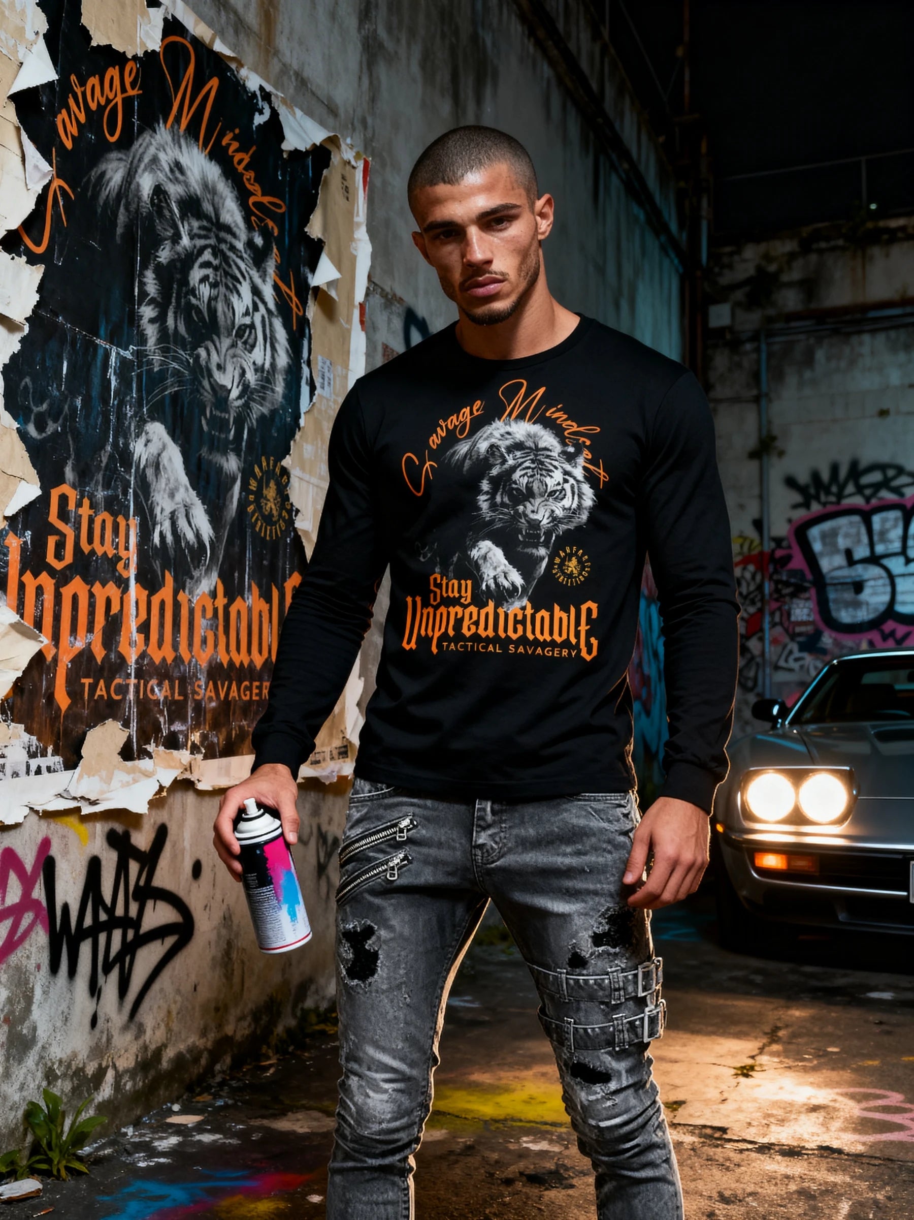 Stay Unpredictable Long Sleeve Lifestyle — Men's Savage Mindset Shirt with Tiger Warrior Print by Warface Athletics