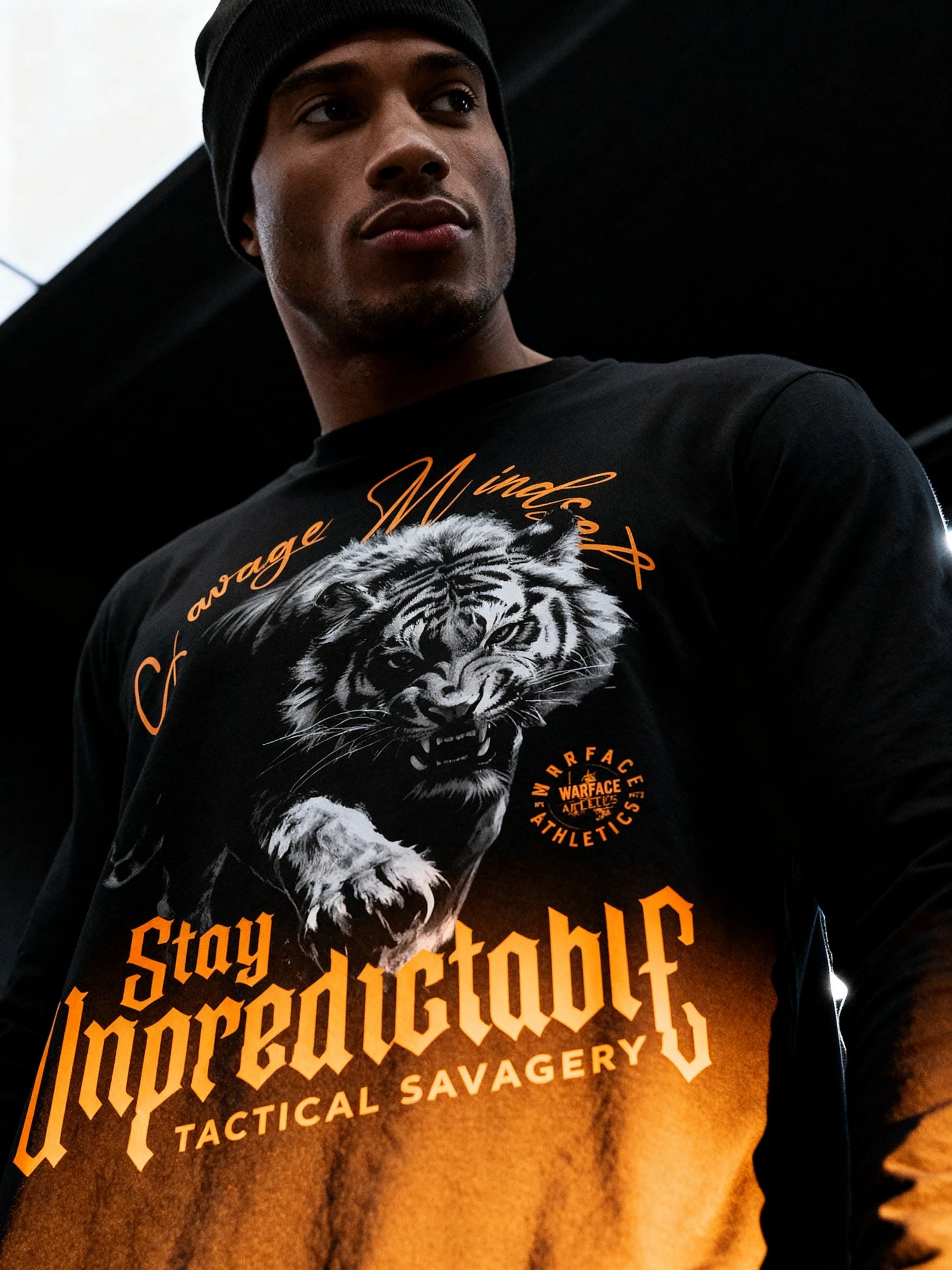 Stay Unpredictable Long Sleeve Tee Lifestyle — Men's Tiger Warrior Shirt with Tactical Savagery Quote by Warface Athletics