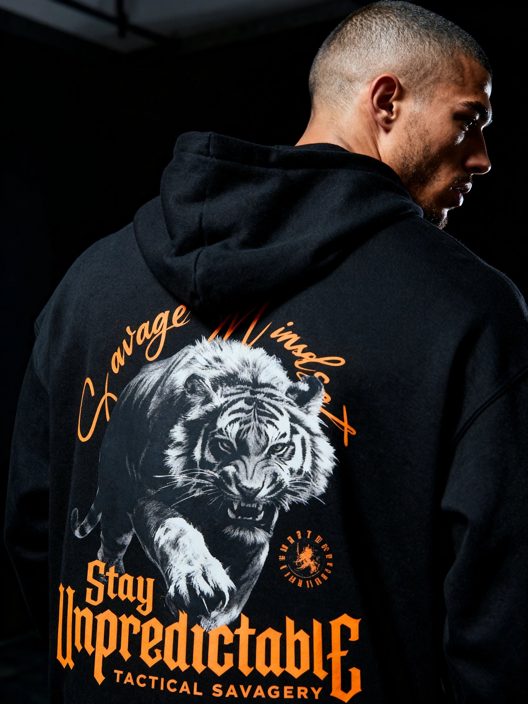 Men's tiger graphic gym hoodie back view – Stay Unpredictable savage mindset hoodie, workout hoodie for men. Warface Athletics.