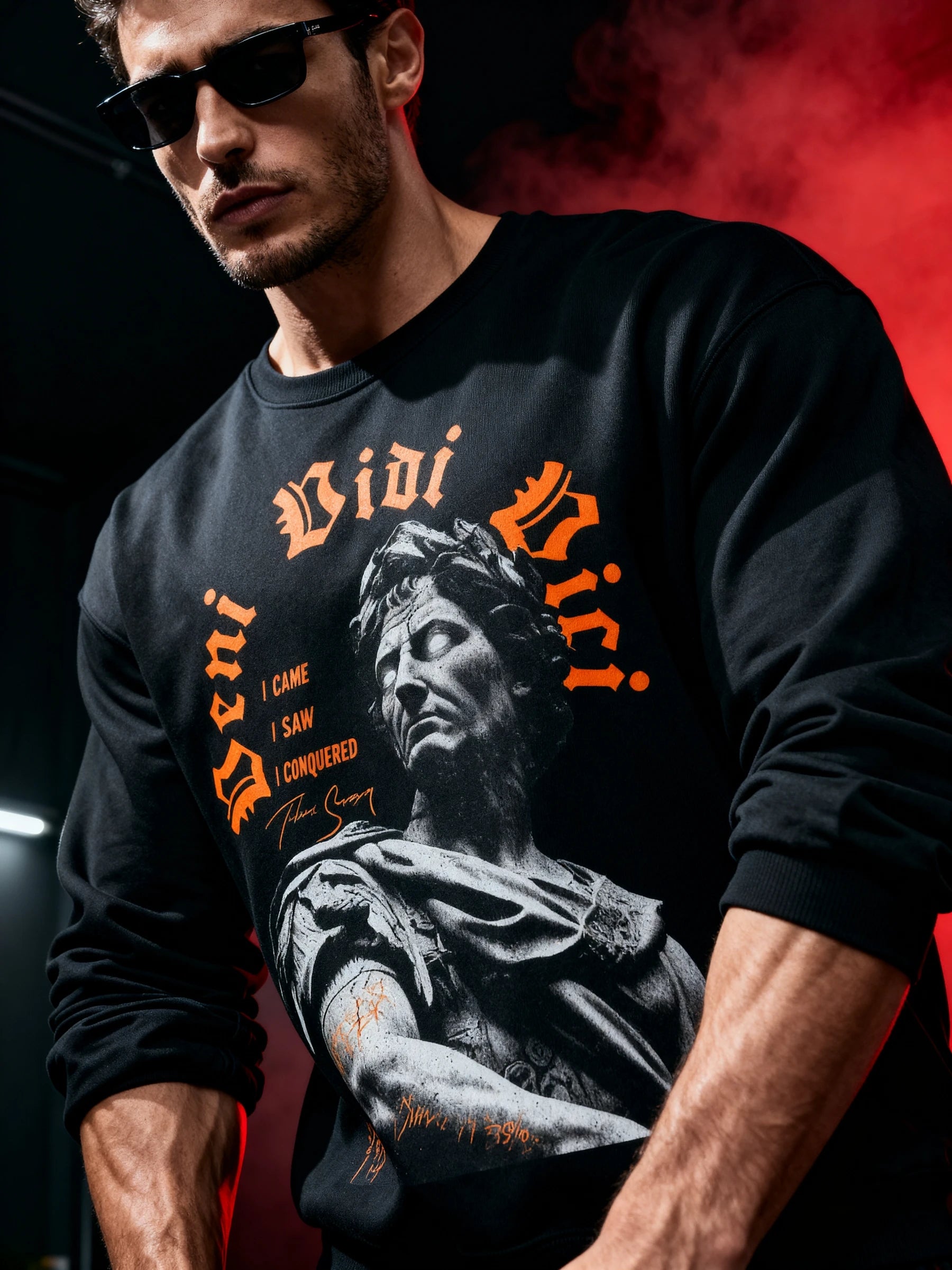 Veni Vidi Vici pump cover sweatshirt – men's Julius Caesar roman emperor graphic crewneck, red smoke lifestyle. Warface Athletics.