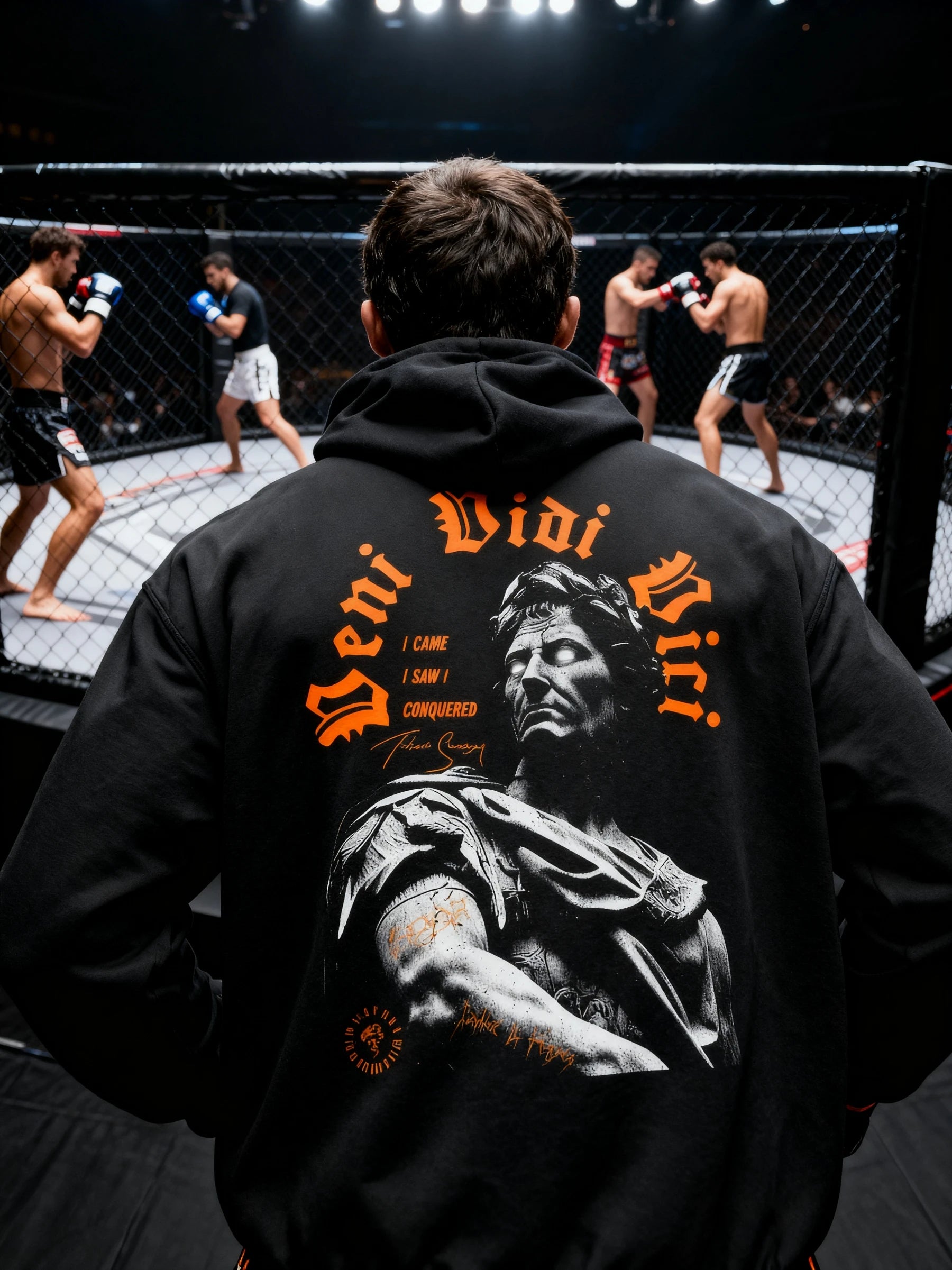 Men's Veni Vidi Vici gym hoodie – MMA fighter in Julius Caesar roman emperor hoodie in cage ring. Warface Athletics.