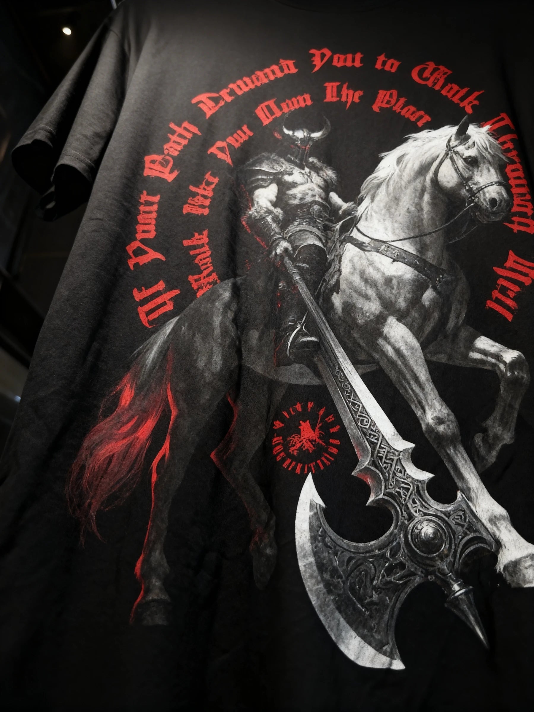 Men's viking heavyweight gym shirt – Walk Like You Own The Place norse warrior tee, dark atmospheric lifestyle shot.