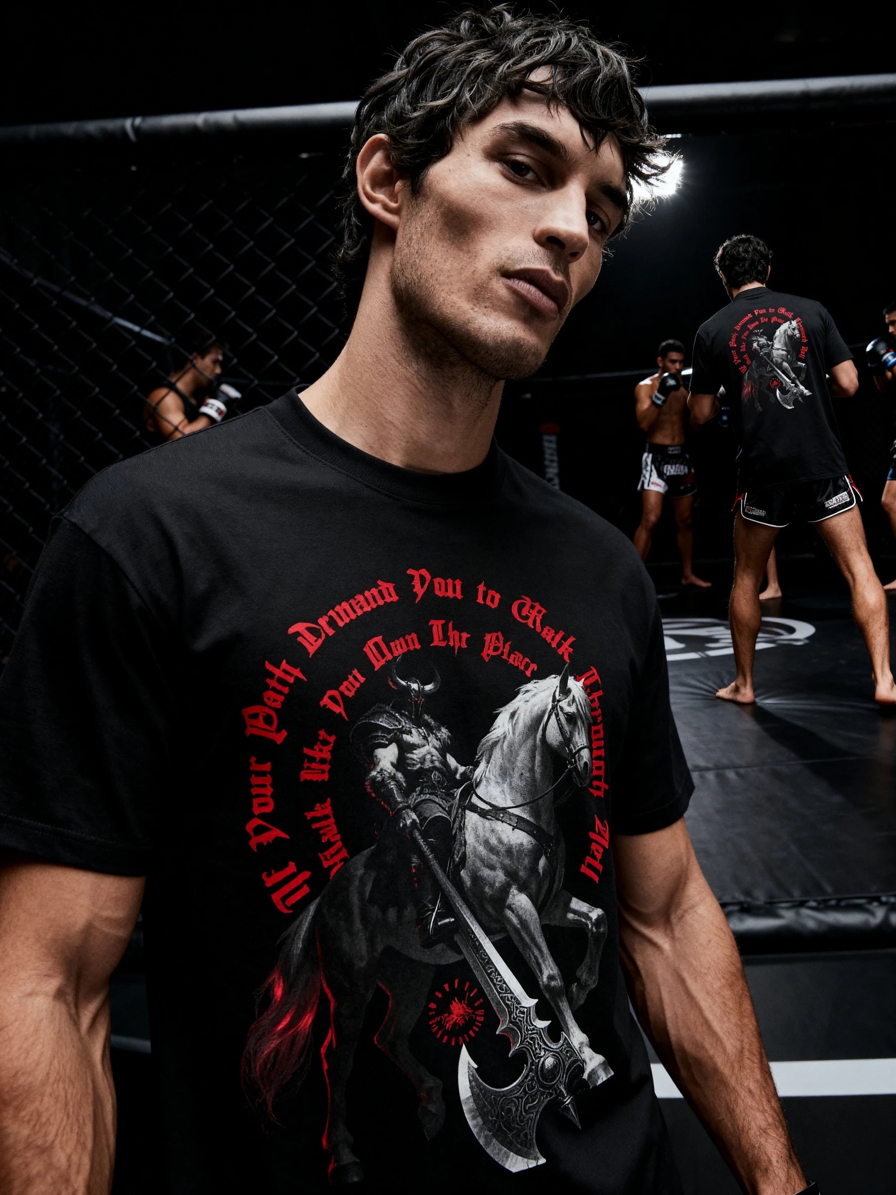 Men's viking heavyweight gym shirt – Walk Like You Own The Place warrior tee, fight wear lifestyle shot. Warface Athletics.