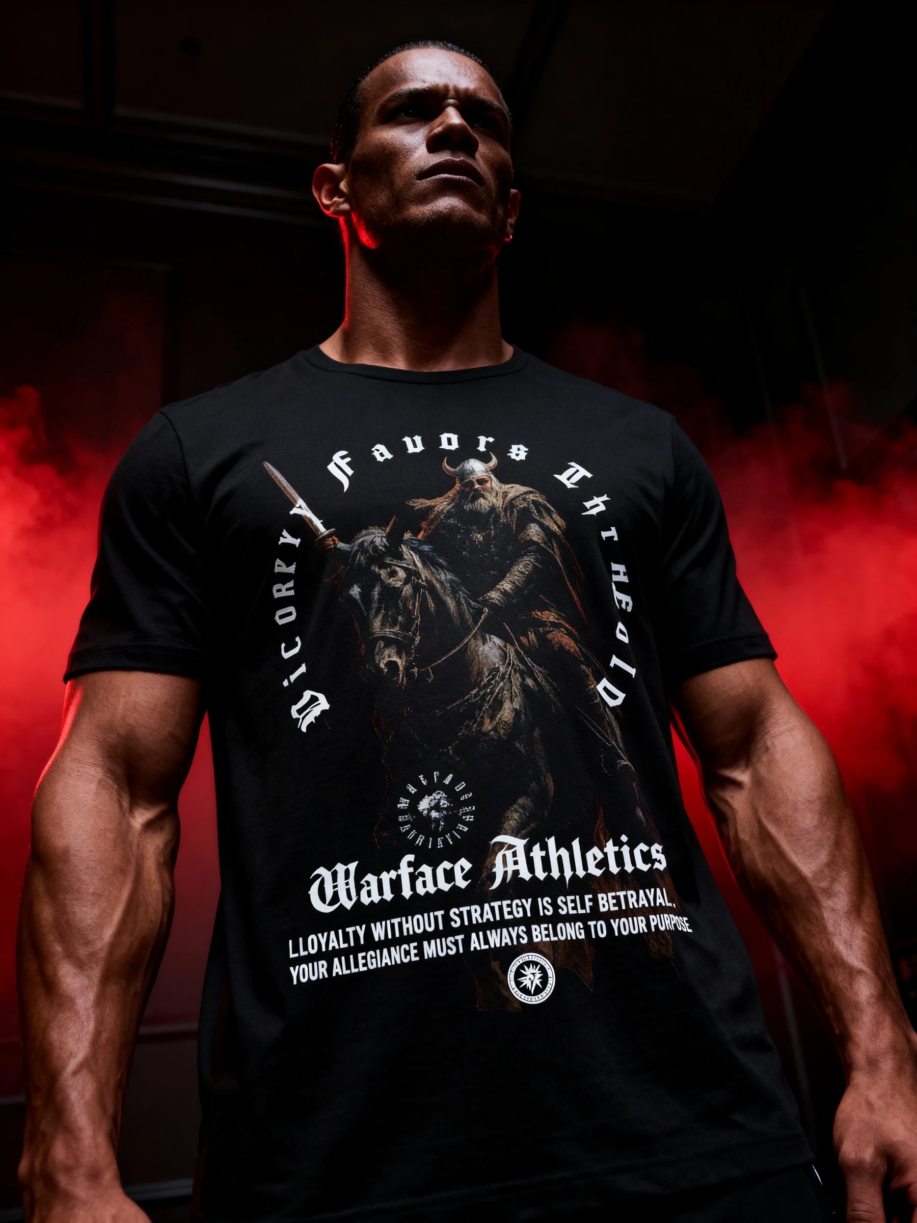 Men's viking warlord gym shirt – bodybuilder in Victory Favors The Bold Norse warrior graphic tee. Warface Athletics.