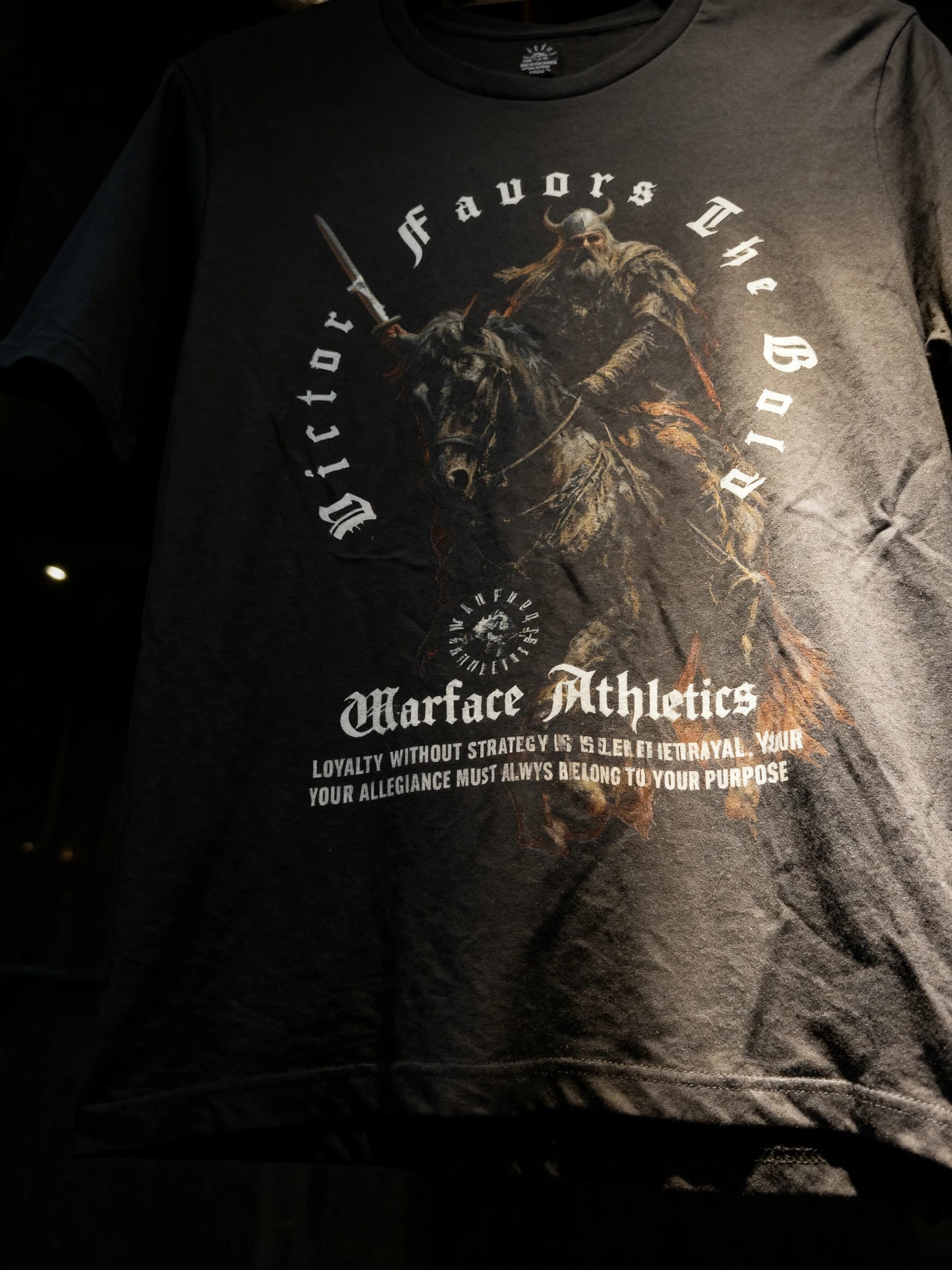 Victory Favors The Bold viking warlord gym shirt – men's Norse warrior graphic tee, red background display. Warface Athletics.