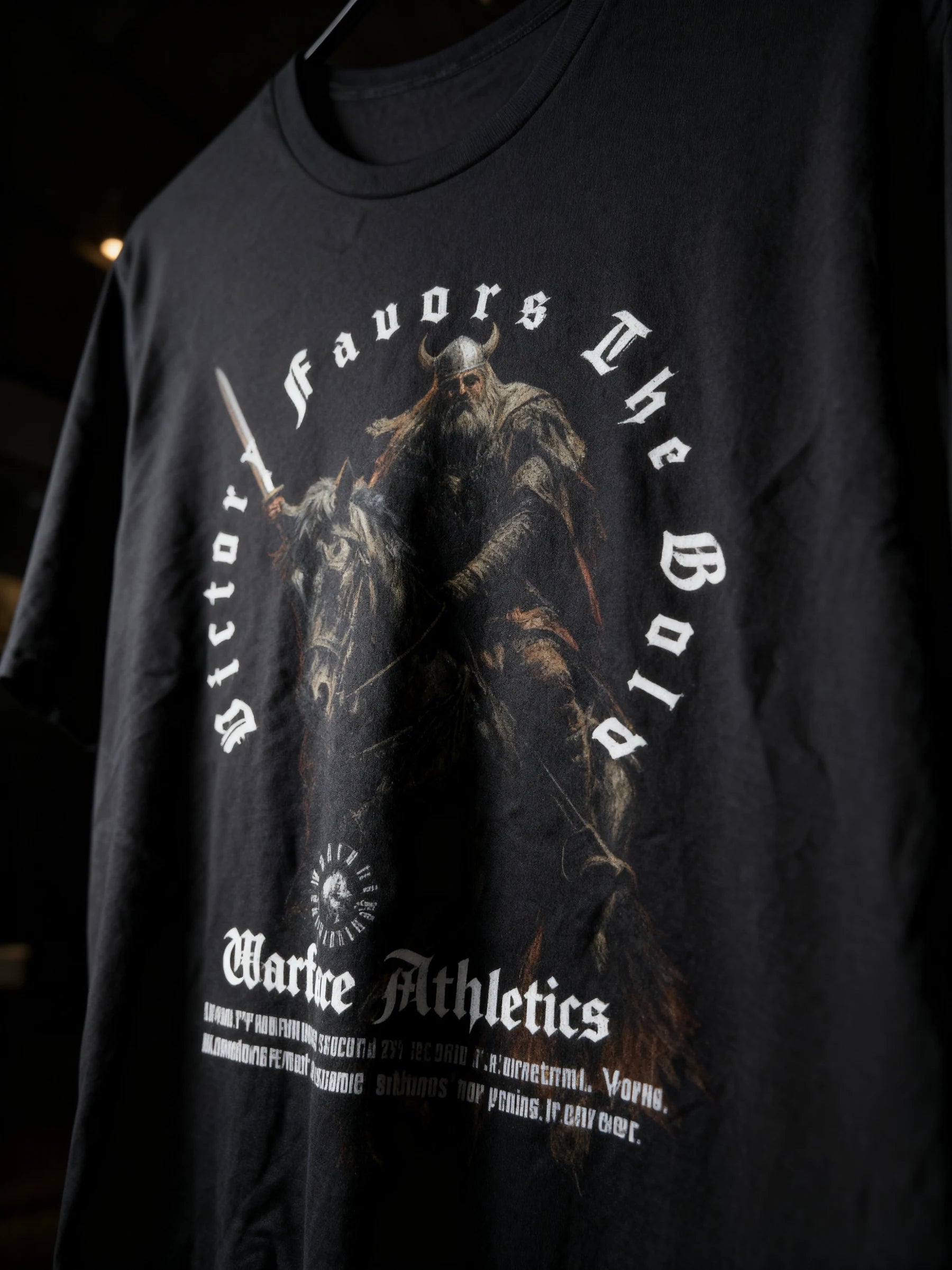 Victory Favors The Bold viking warlord graphic tee close-up – Norse warrior circle print detail, men's gym shirt. Warface Athletics.