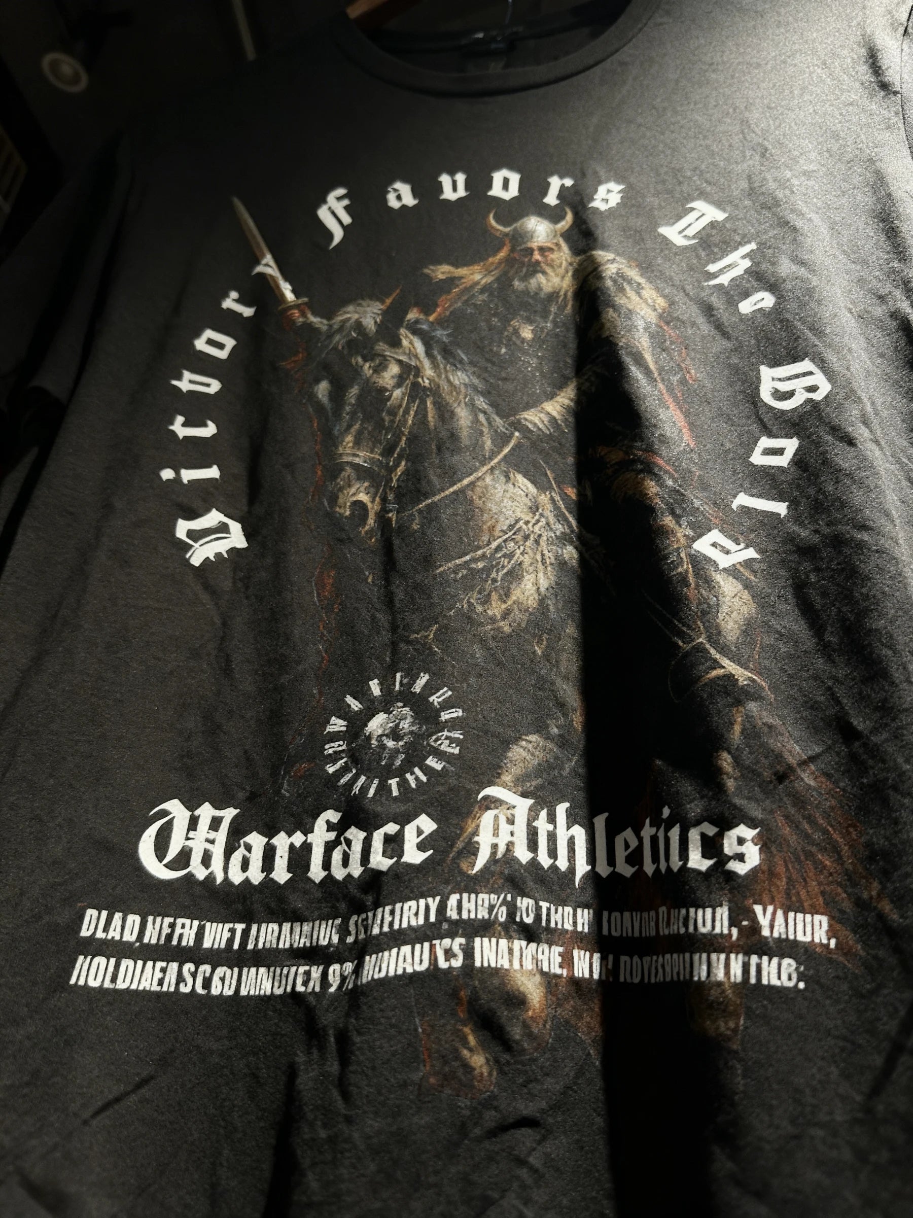 Victory Favors The Bold viking warlord graphic tee display – Norse warrior circle print, men's gym shirt. Warface Athletics.