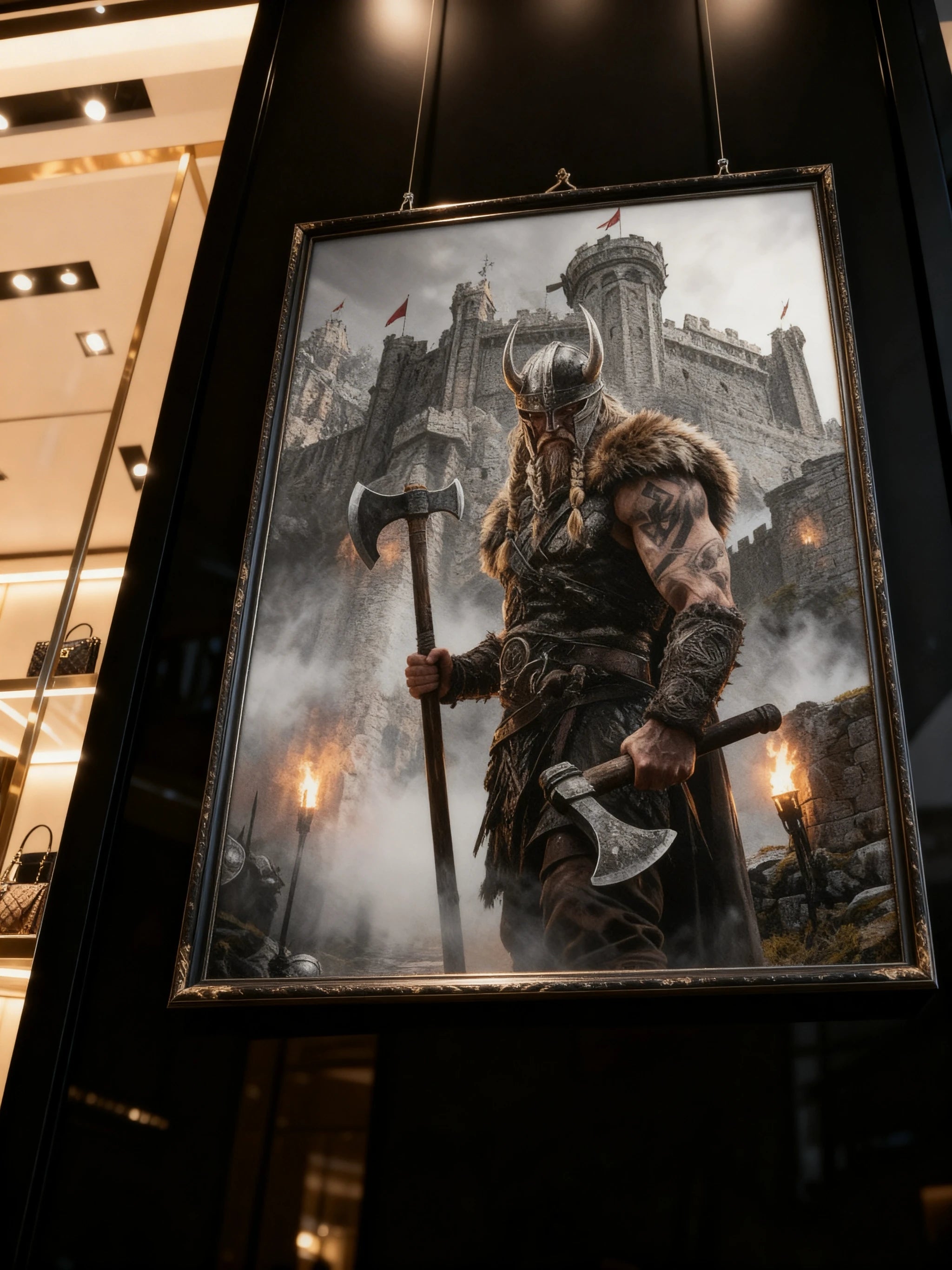 Viking wall art ready to hang – norse axe warrior fog fortress, gallery wrapped canvas – Warface Athletics