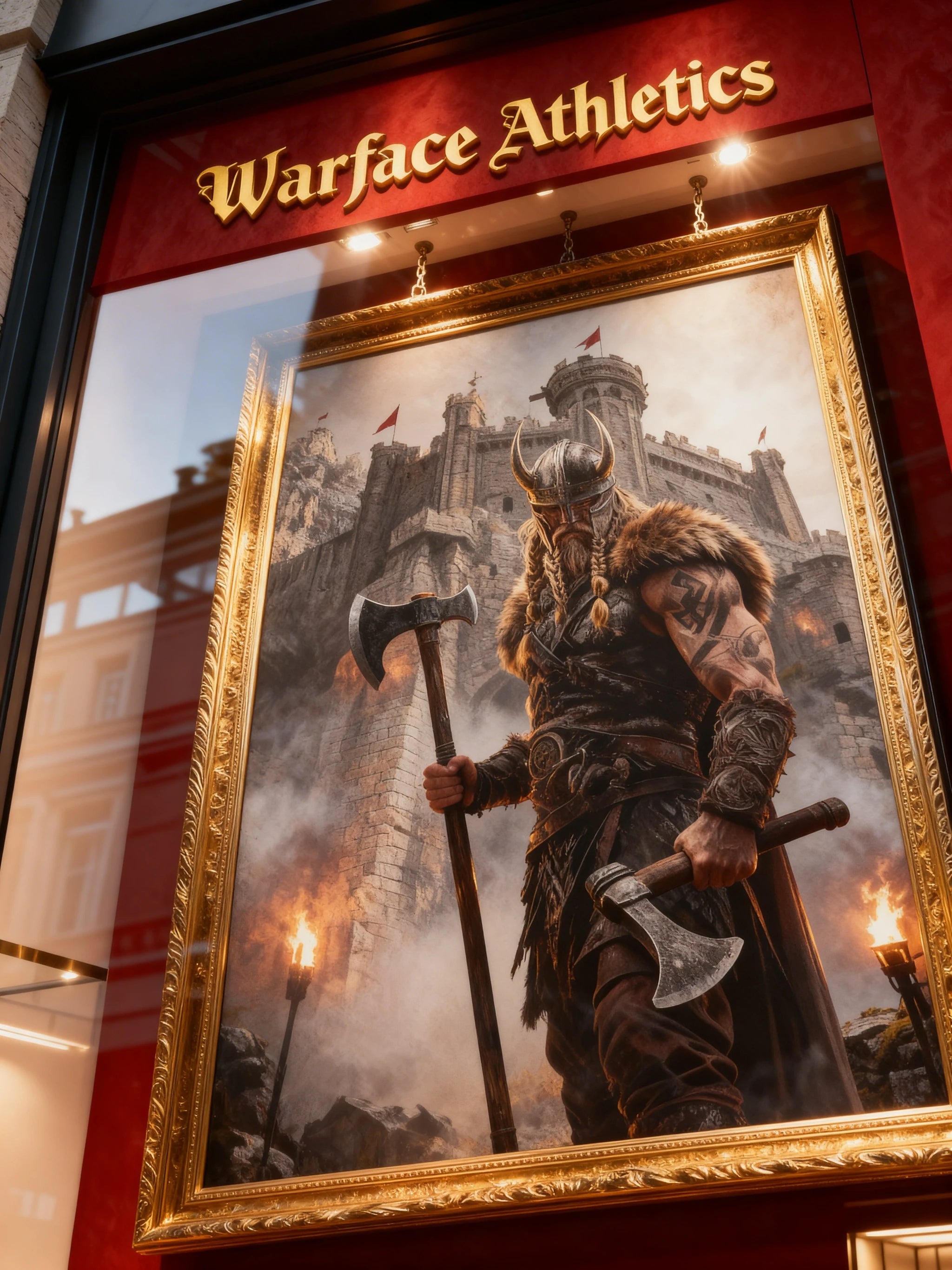 Large viking wall art in gold frame on red wall – berserker norse warrior canvas, ready to hang.