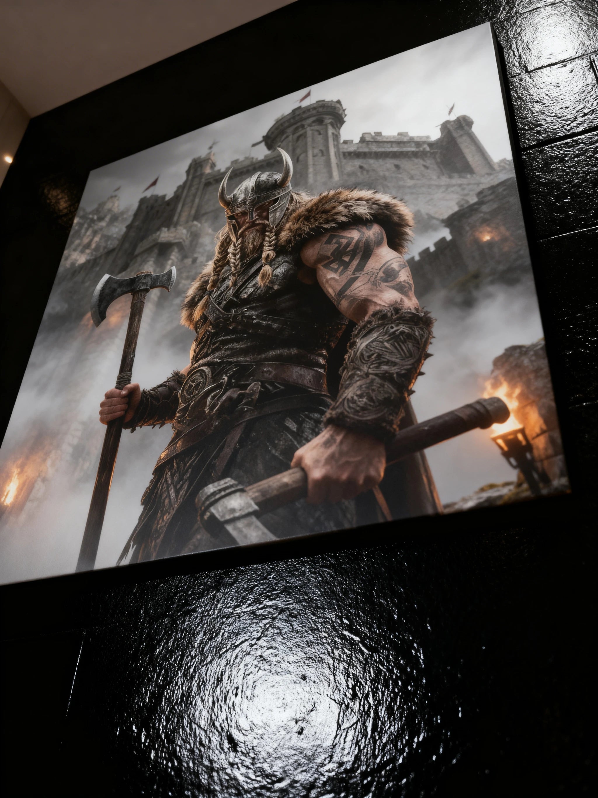 Norse viking canvas art – berserker warrior dark fantasy fortress, large wall decor – Warface Athletics