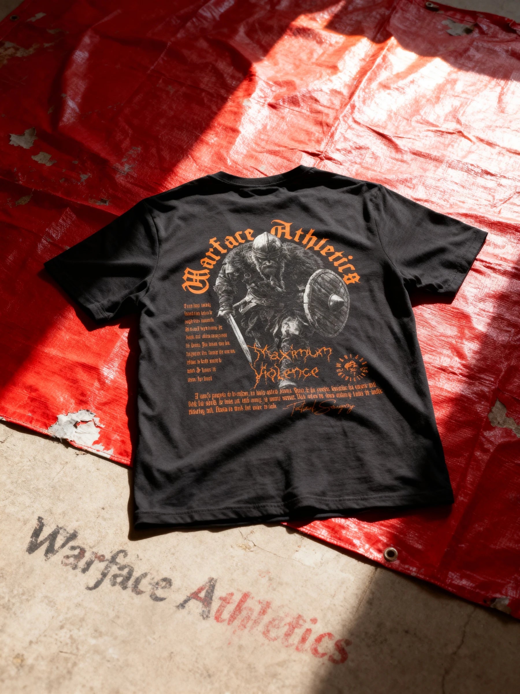 Black Viking t-shirt with graphic design and Nordic text on a red and beige textured surface