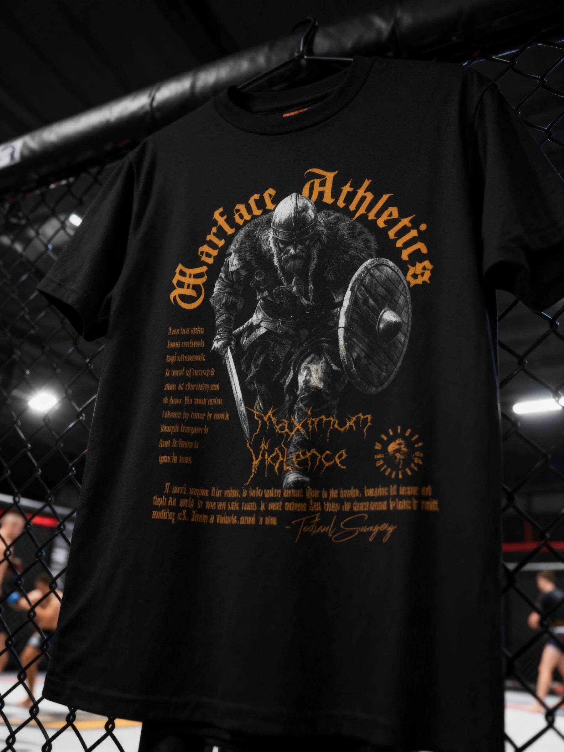 Viking Graphic Tee Close-Up — Men's Tribute Shirt with Battle Ready Warrior Print by Warface Athletics