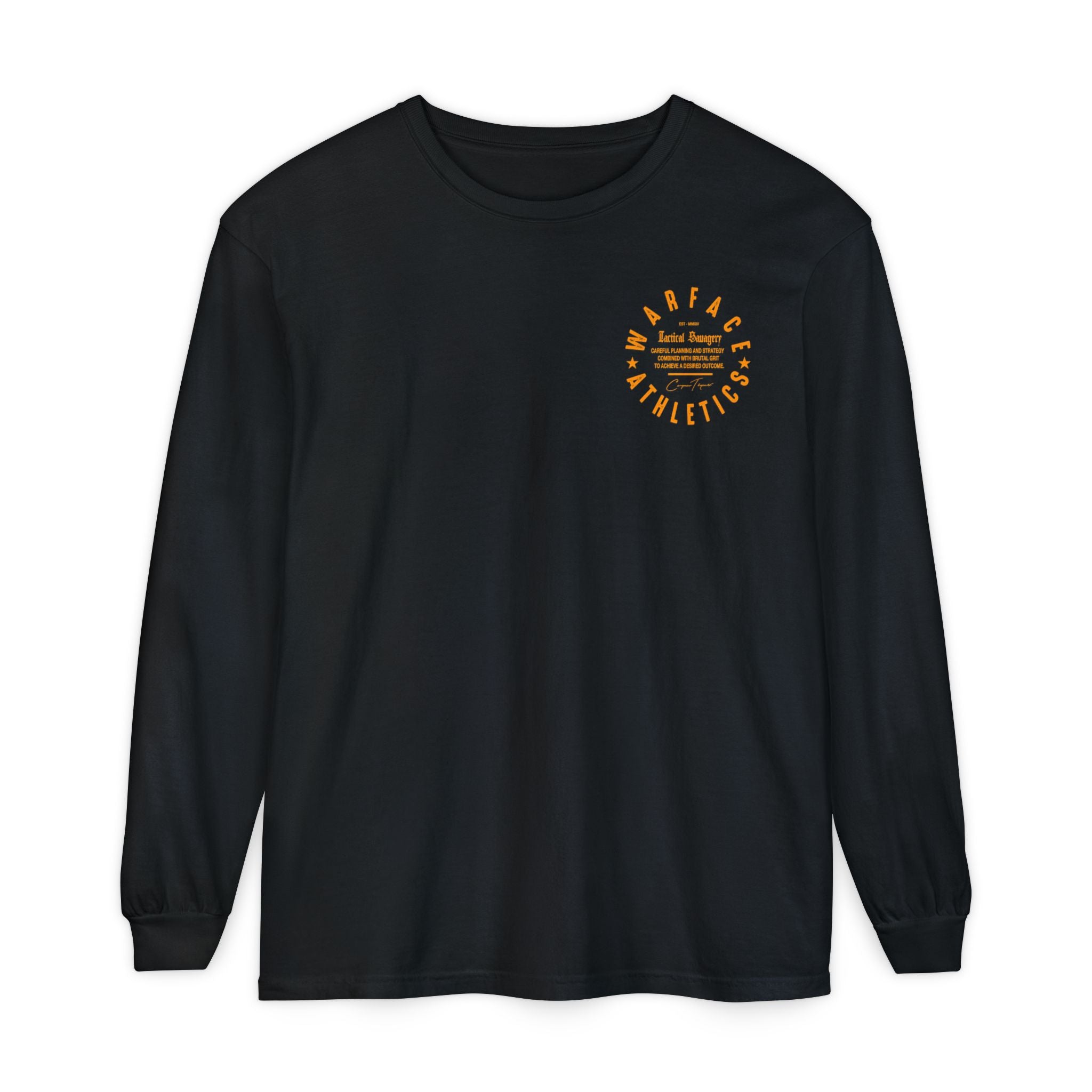 Athleisure black long-sleeve shirt with a Warface Athletics gym logo on the chest against a white background