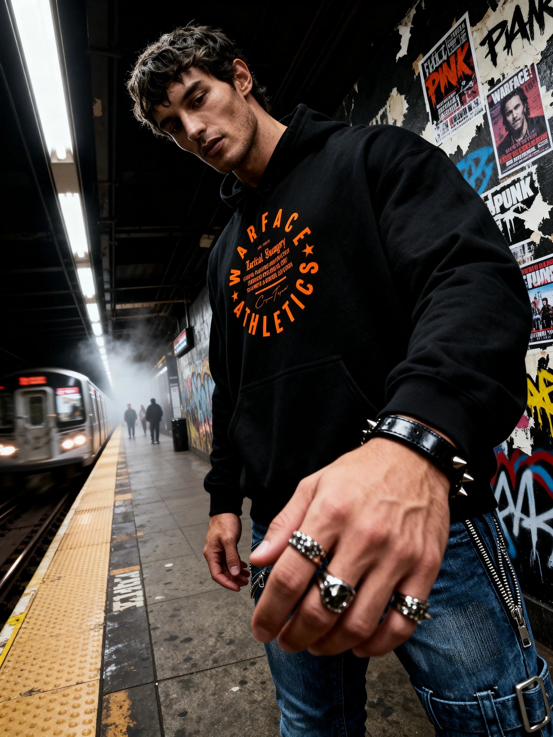 Men's Julius Caesar graphic gym hoodie – fitness model in Veni Vidi Vici black hoodie, subway station lifestyle.