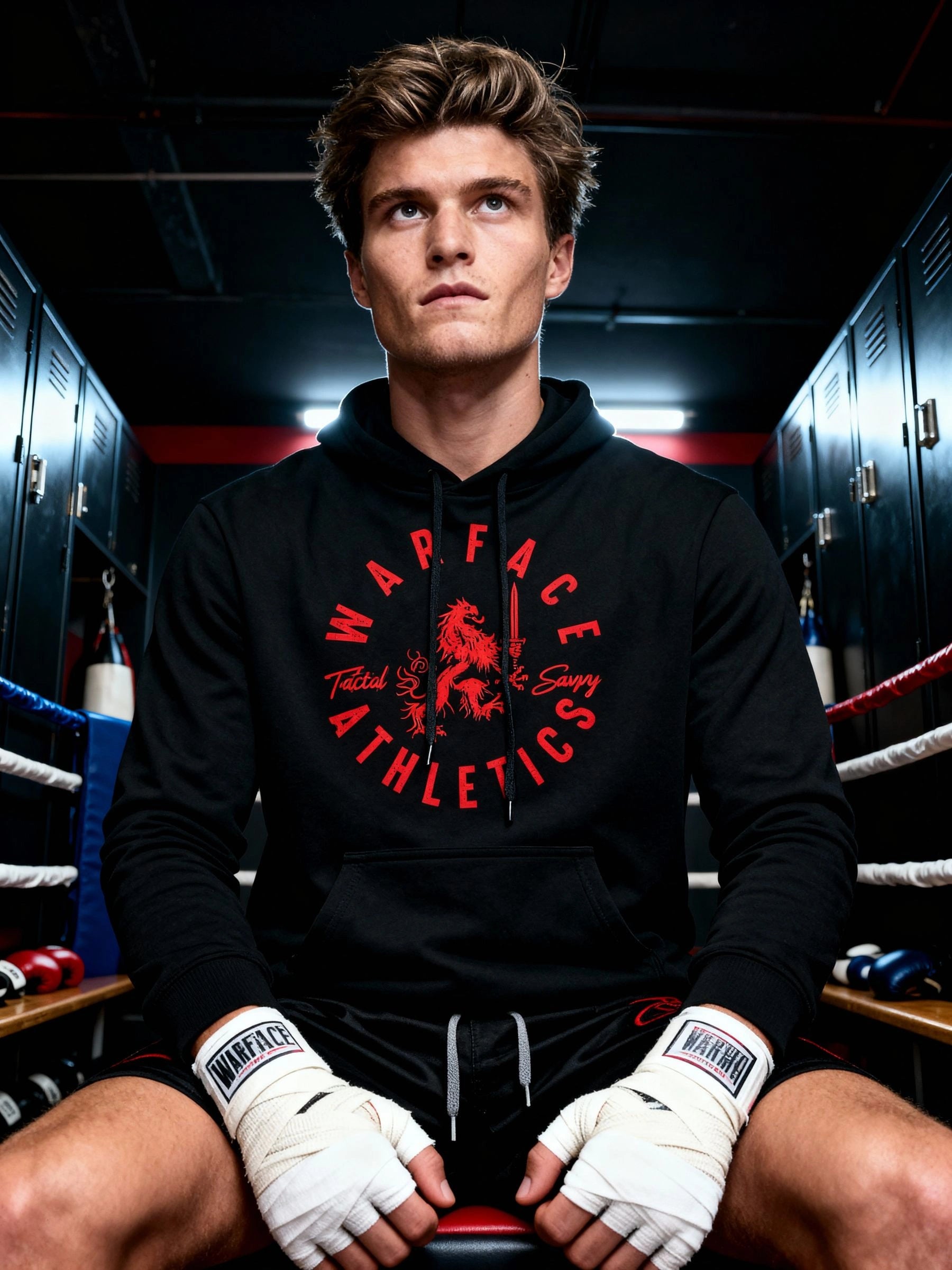 Men's lion gym hoodie – boxer wearing Victory Favors The Bold black hoodie in boxing ring, workout hoodie for men.