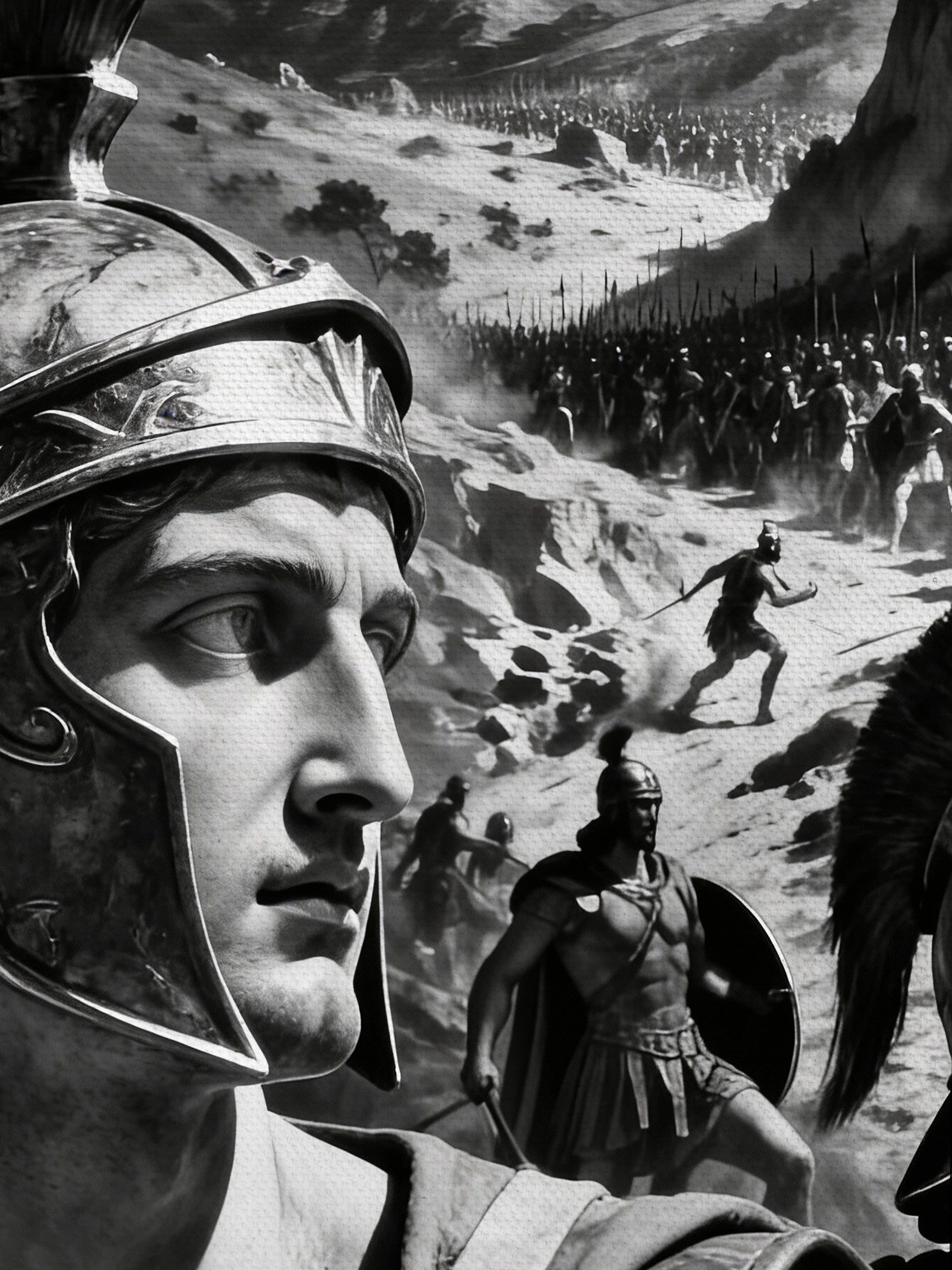 Spartan phalanx canvas art detail – Corinthian helmet general leading ancient greek battle, monochrome warrior print.