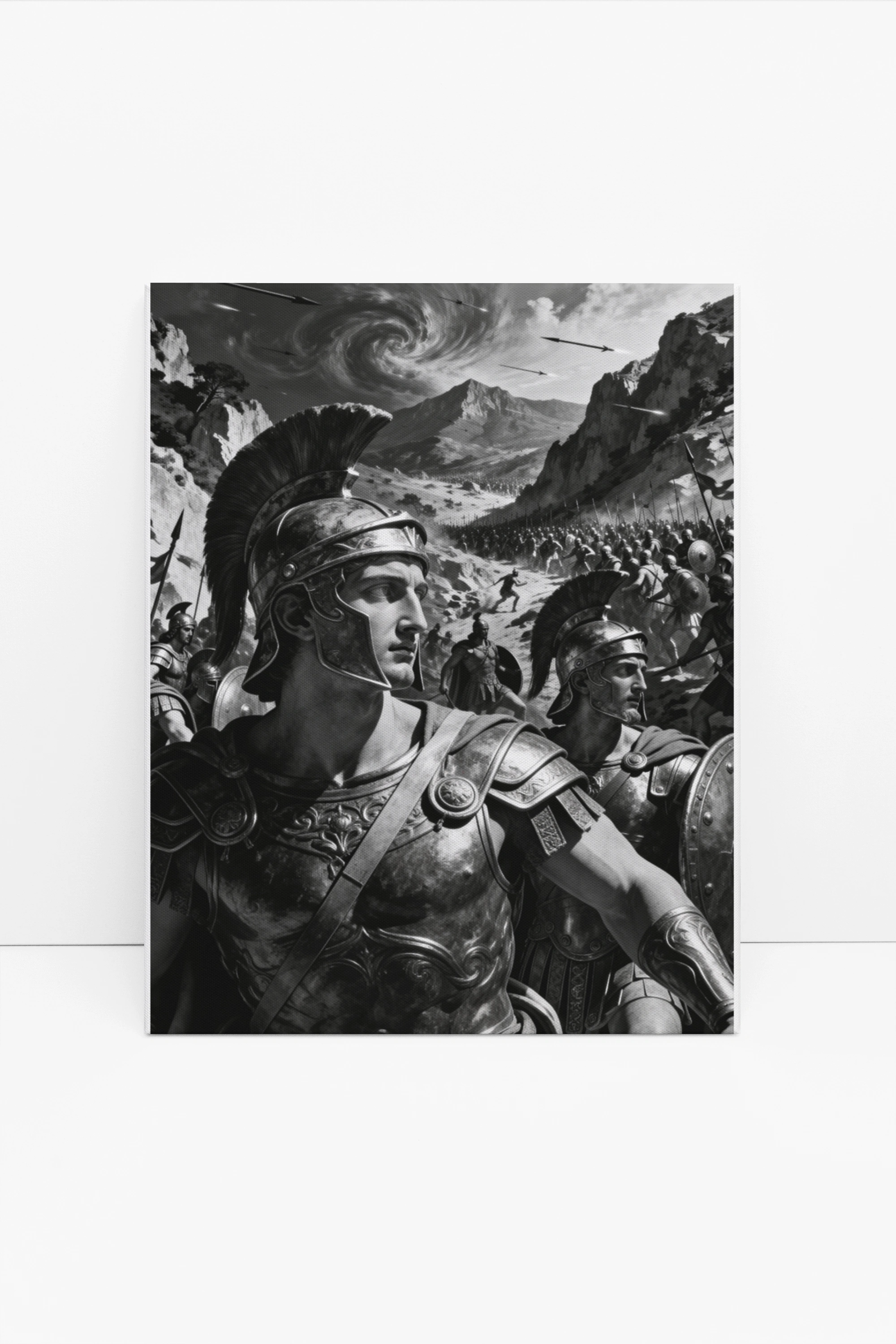 Spartan general canvas print flat mockup – monochrome ancient battle scene wall art, gallery wrapped. Warface Athletics.