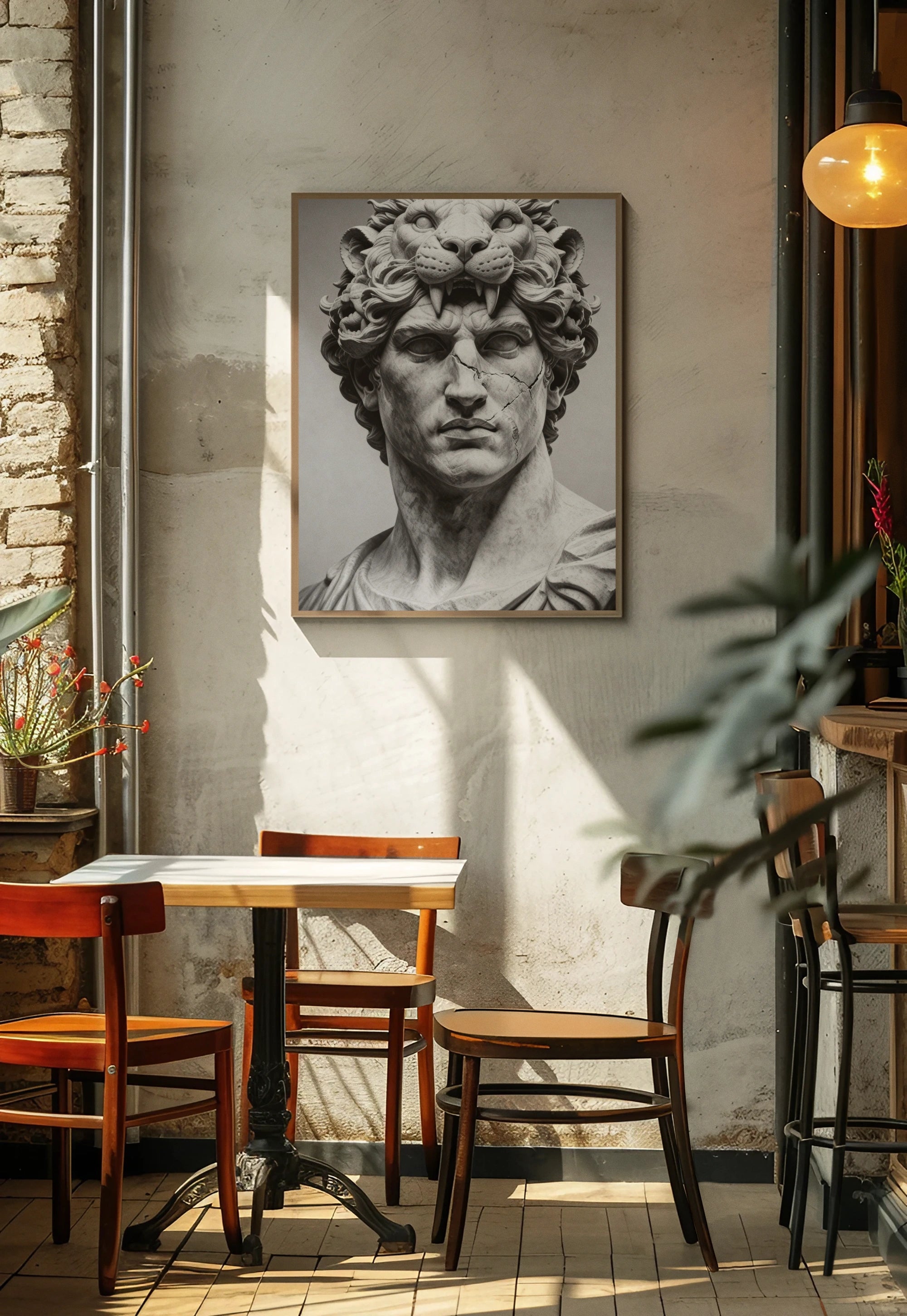 Hercules canvas print flat mockup – monochrome greek mythology marble bust wall art, gallery wrapped. Warface Athletics.
