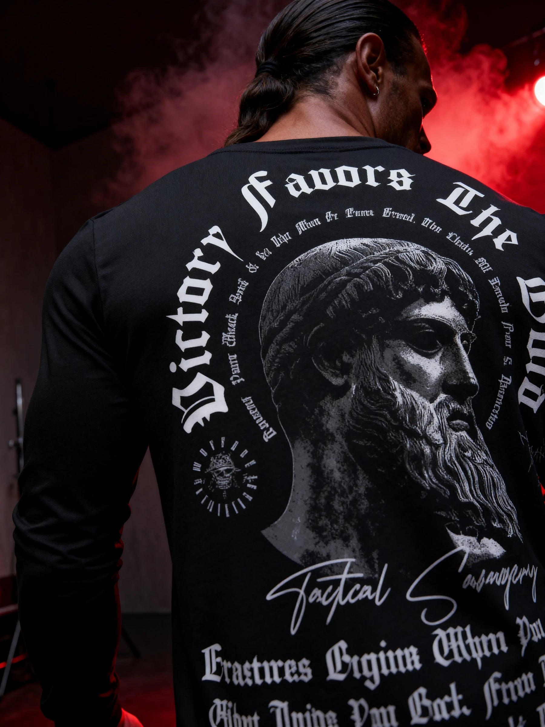 Victory Favors the Bold Zeus Long Sleeve Back Lifestyle — Men's Greek God Warrior Shirt with Stoic Quote by Warface Athletics