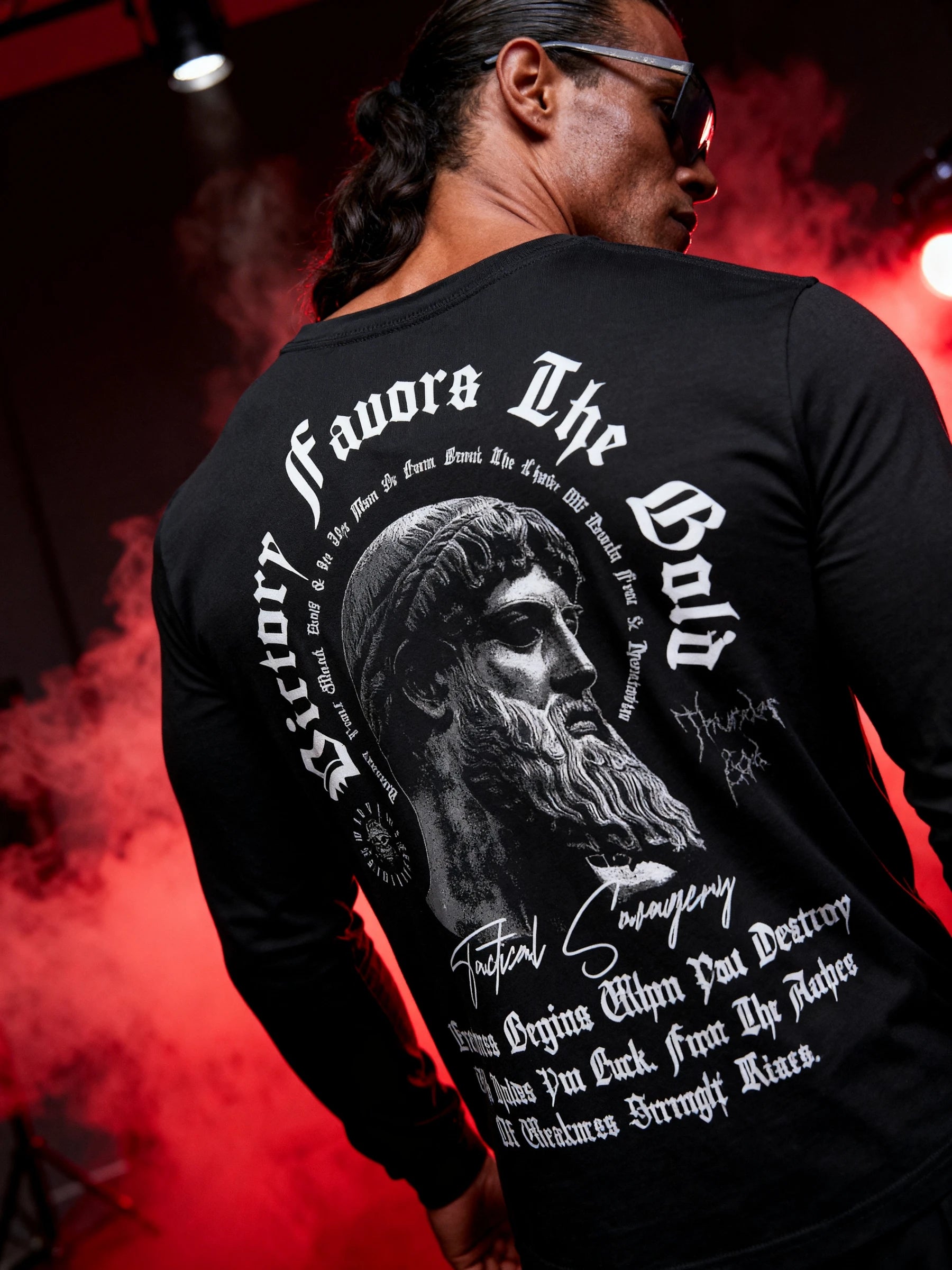 Victory Favors the Bold Zeus Long Sleeve Back — Men's Greek Mythology Gym Shirt with Stoic Quote and Zeus Graphic by Warface Athletics