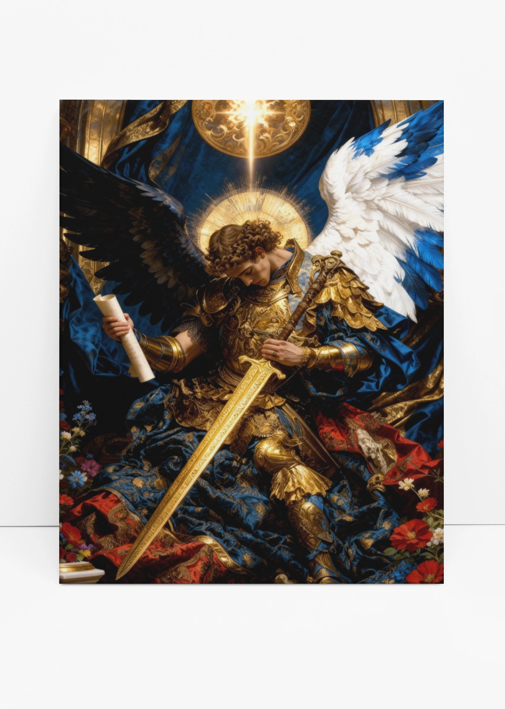 St. Michael Archangel canvas art room mockup – golden armor archangel print in living room, large christian wall art.