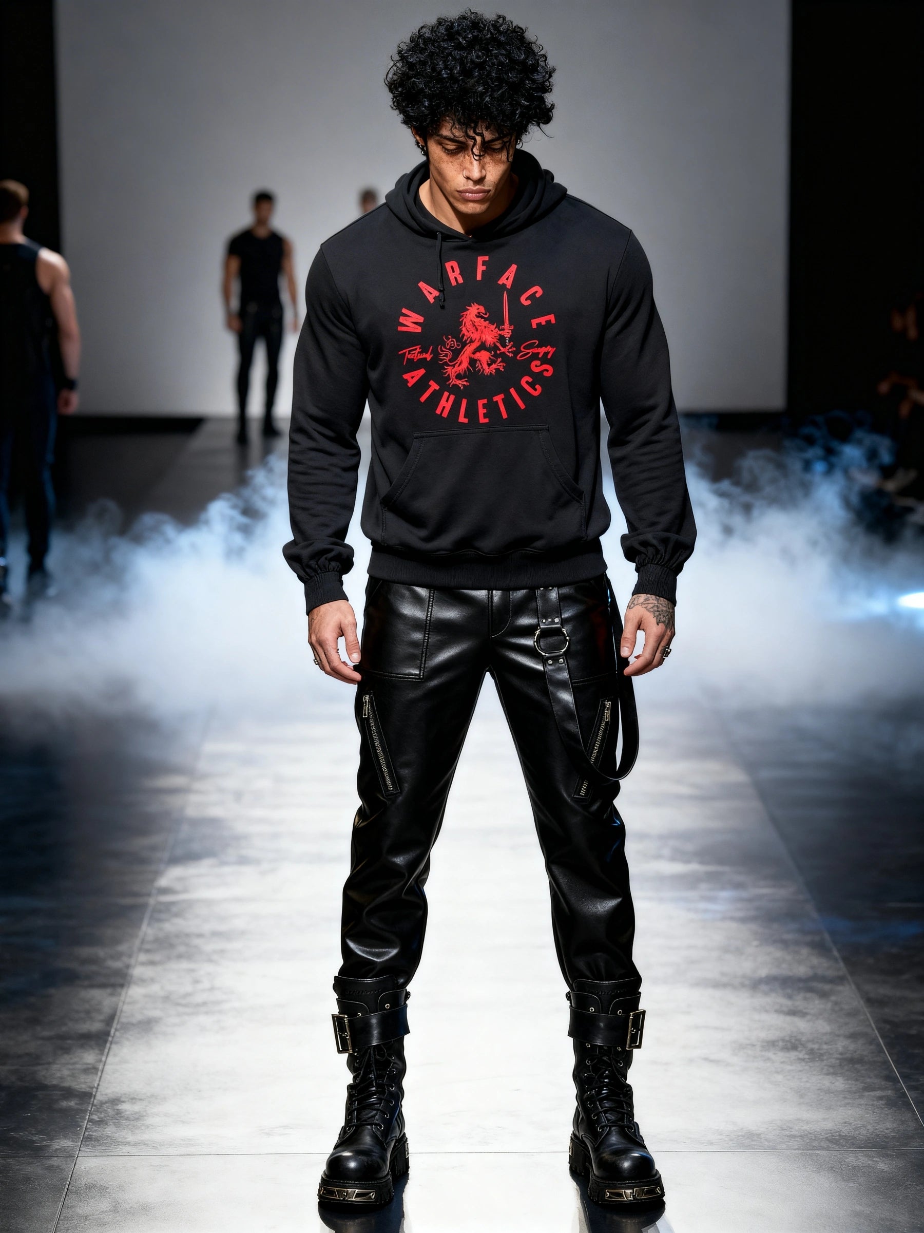 Men's Warface Athletics graphic hoodie – streetwear model in Tactical Savagery pump cover on smoky runway, leather pants.