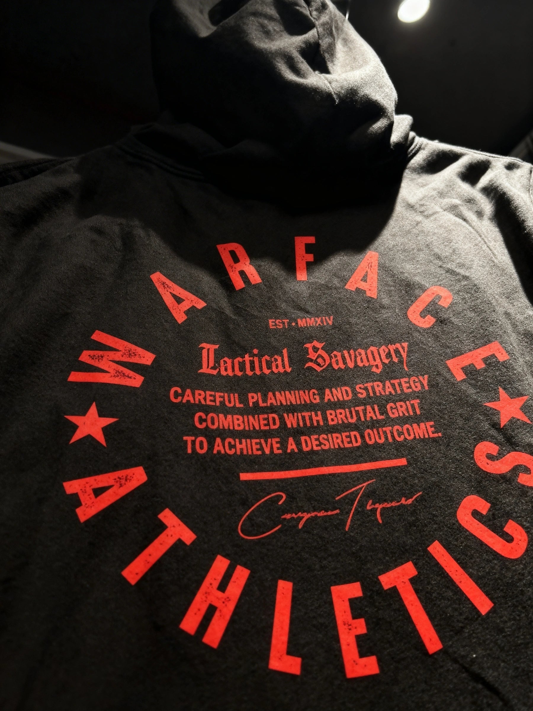 Tactical Savagery gym hoodie back print – Warface Athletics heraldic lion circle crest, men's graphic hoodie. Warface Athletics.