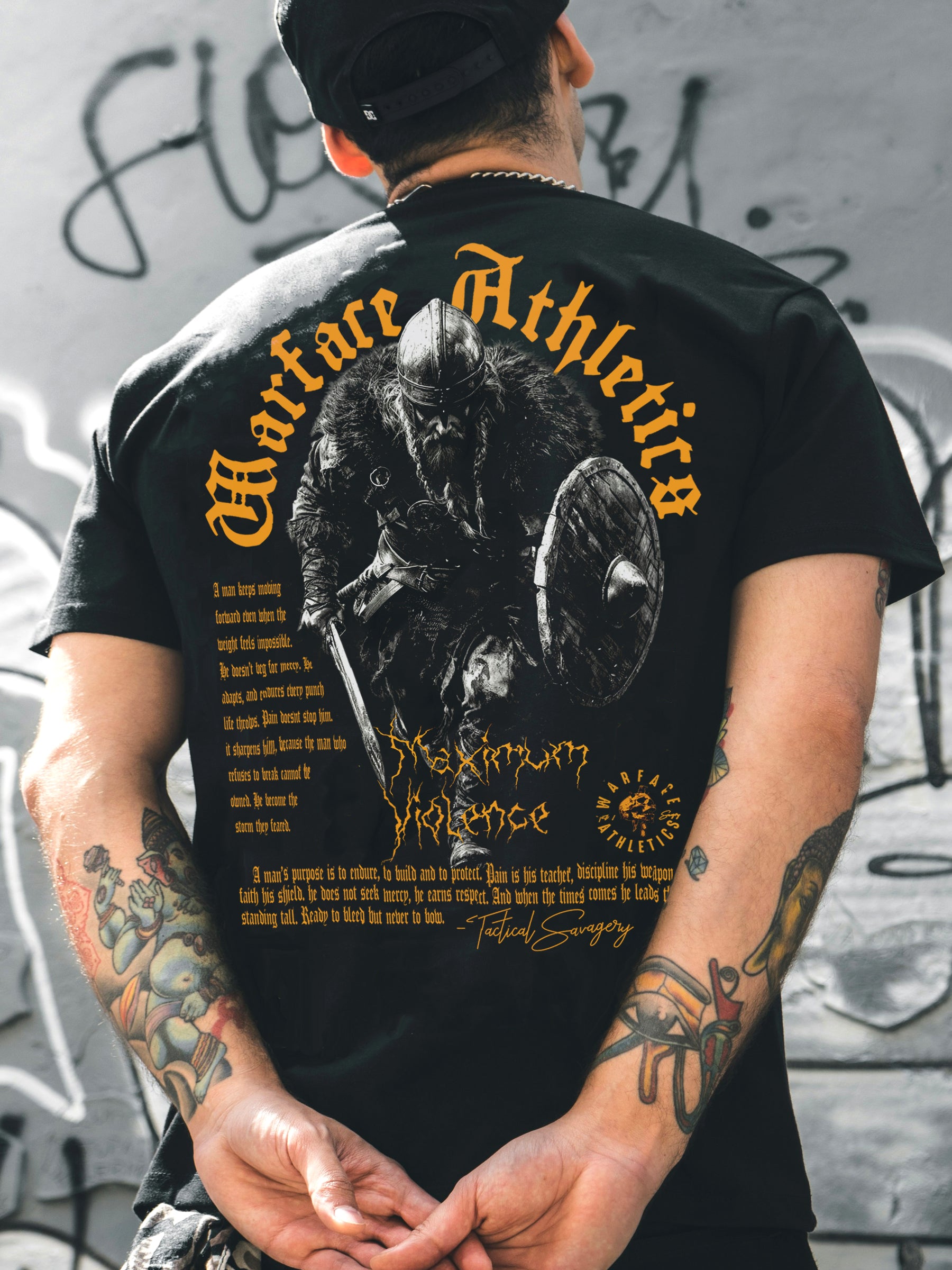 Viking Maximum Violence Graphic Tee Back View — Men's Viking Warrior T-Shirt with Motivational Quote by Warface Athletics
