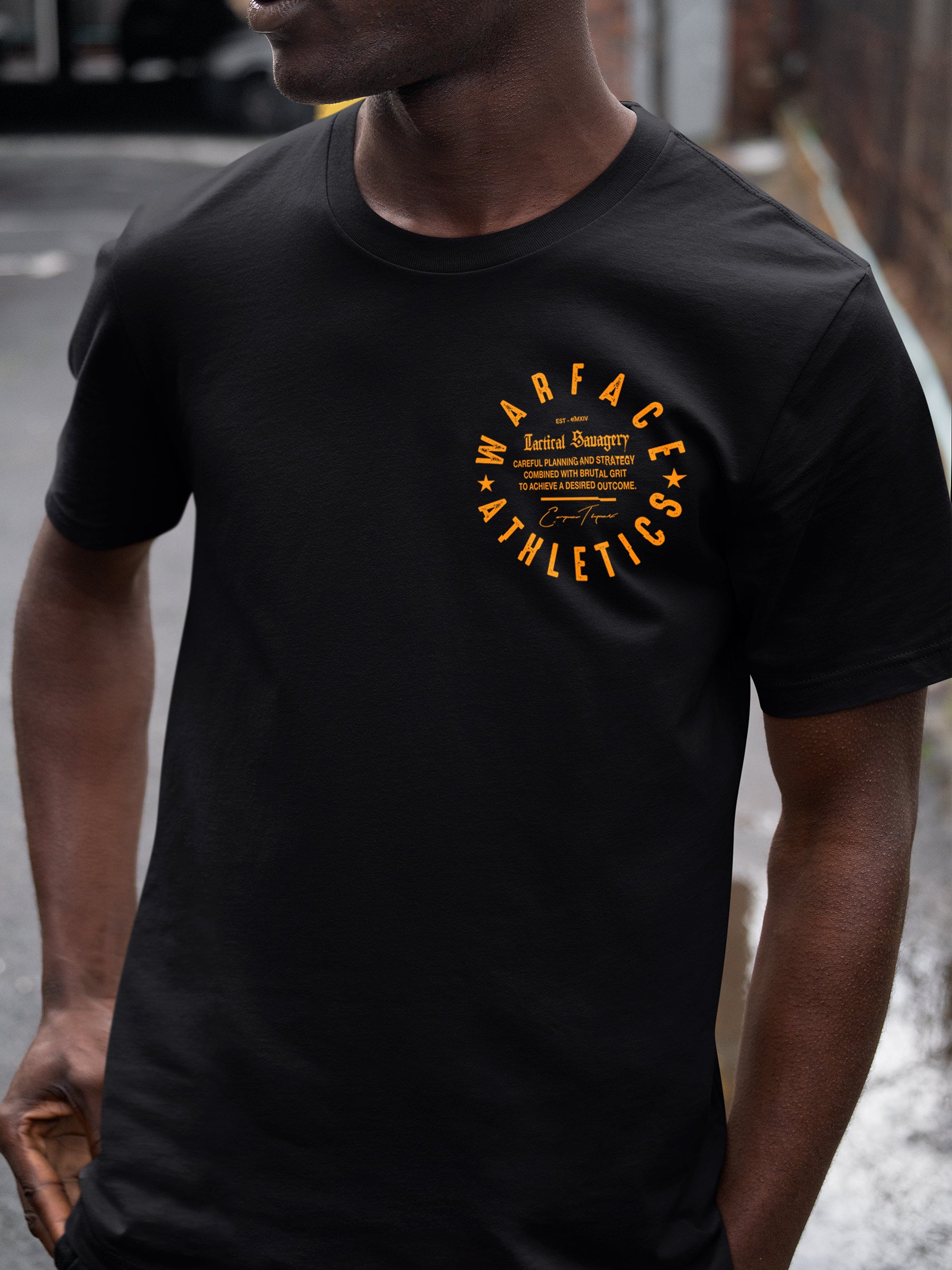 Tactical Savagery Warrior T-Shirt Front View — Men's Gym Shirt with Stoic Quote by Warface Athletics