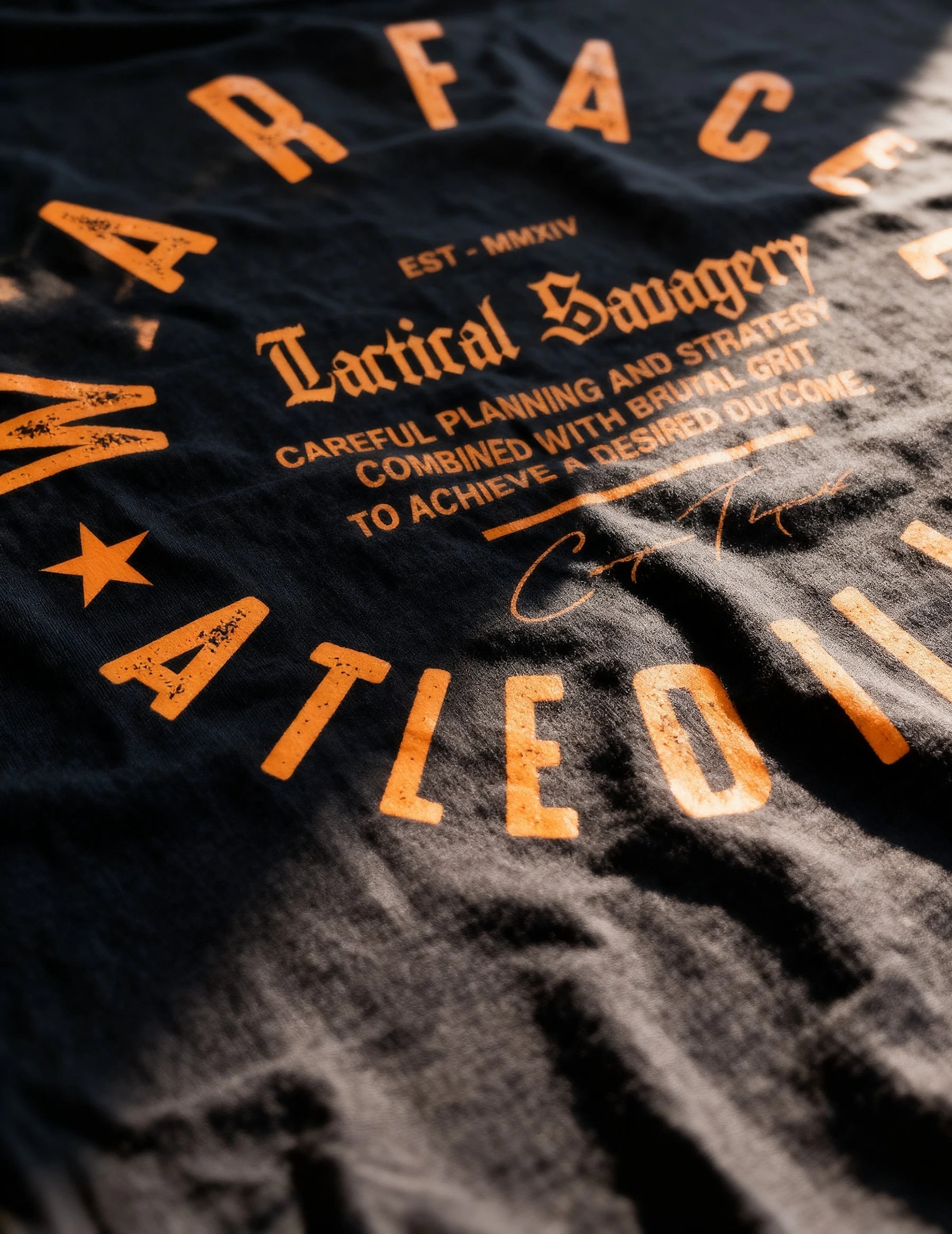 Warface Athletics athleisure Black t-shirt with yellow text and Tactical Savagery Stoic quote fitness branding on a dark background