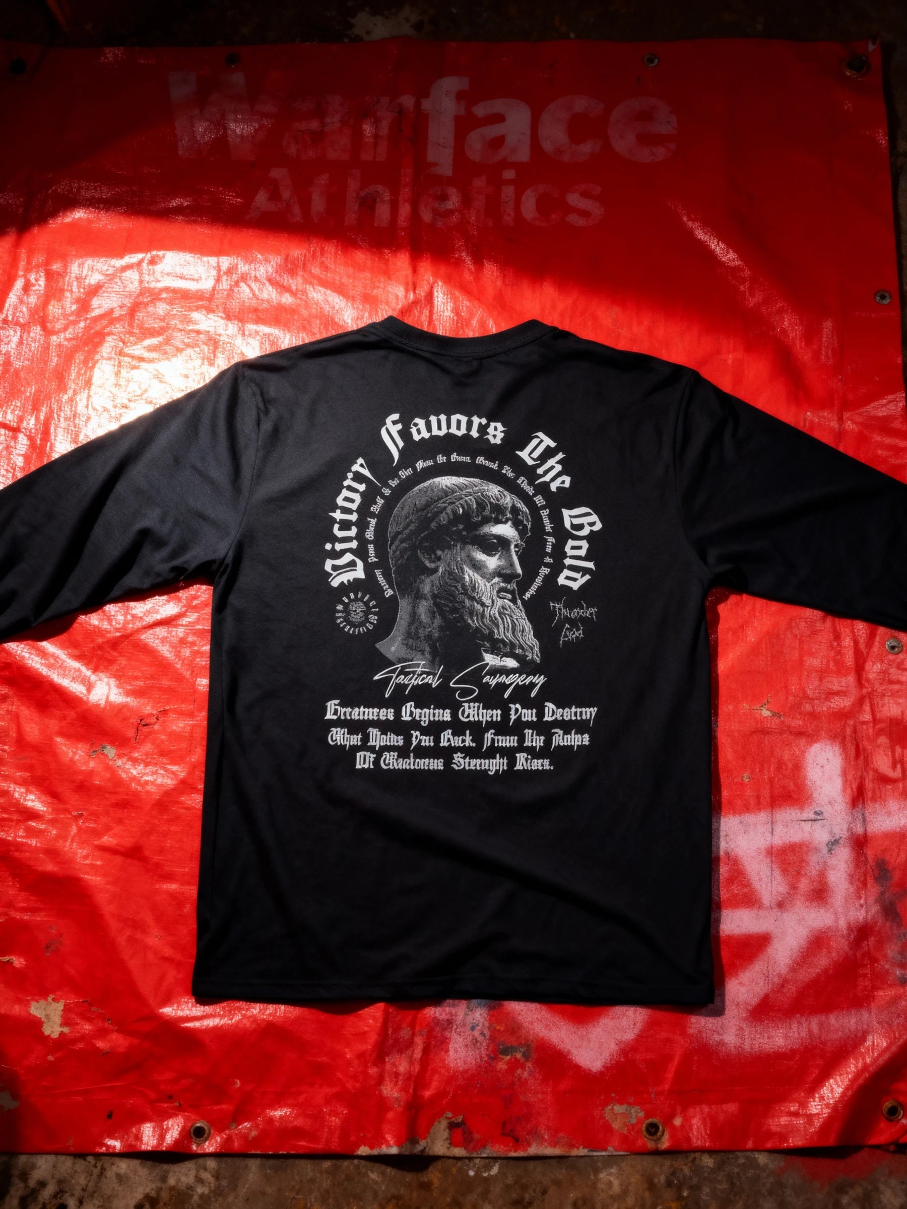 Victory Favors the Bold Long Sleeve Lifestyle — Men's Greek God Warrior Shirt with Zeus Graphic on Red Background by Warface Athletics