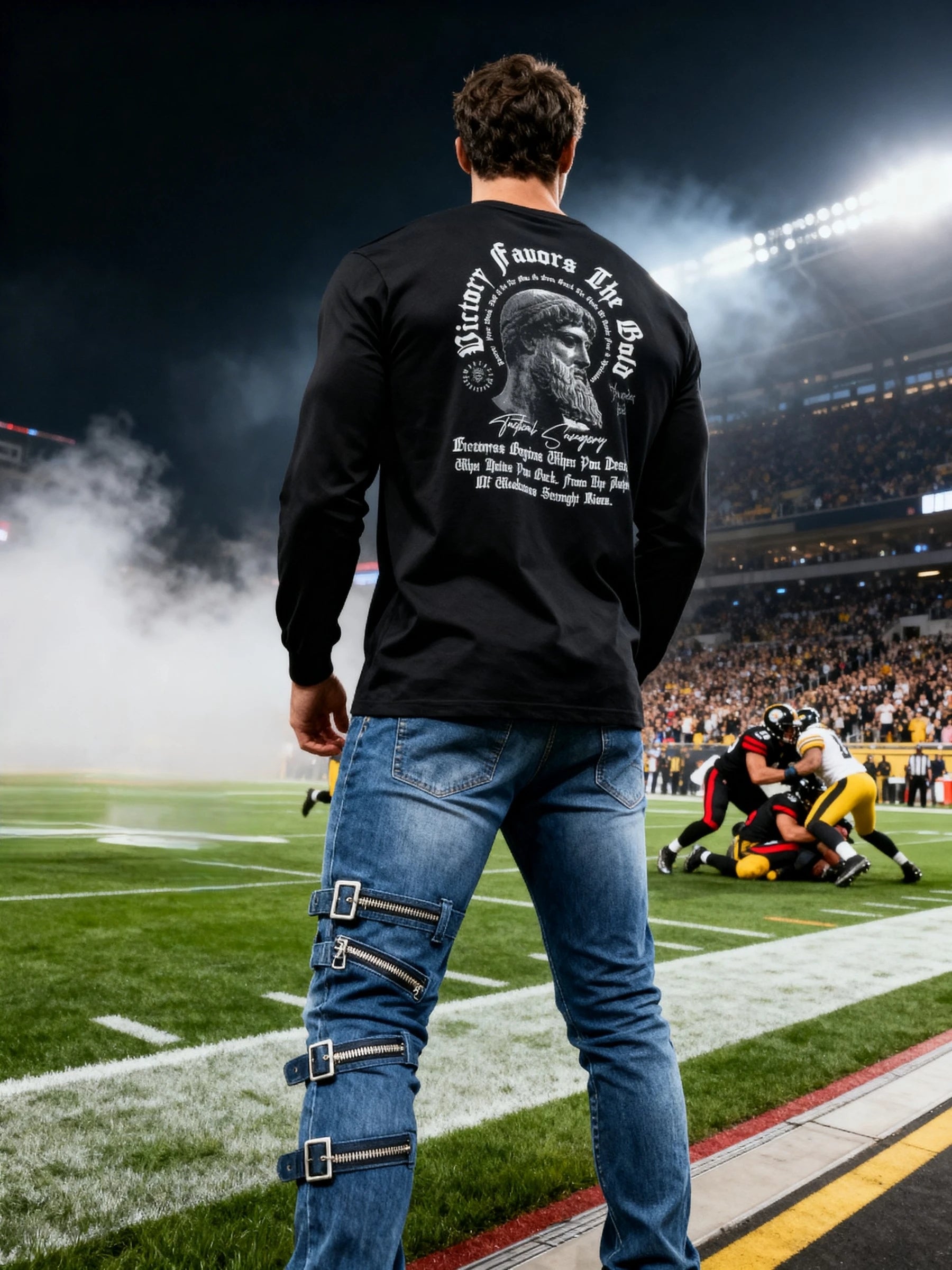 Victory Favors the Bold Zeus Tee Lifestyle — Men's Greek Mythology Long Sleeve with Stoic Quote in Stadium Setting by Warface Athletics