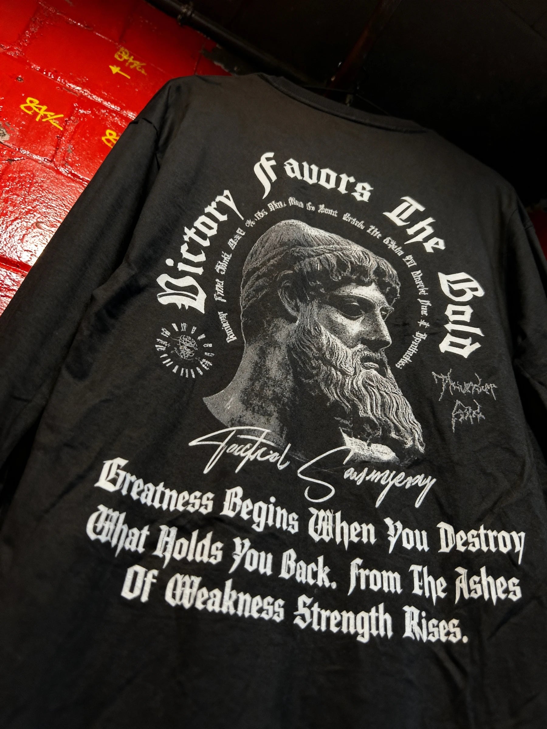 Victory Favors the Bold Long Sleeve Back View — Men's Greek God Warrior Shirt with Stoic Quote Back Print by Warface Athletics